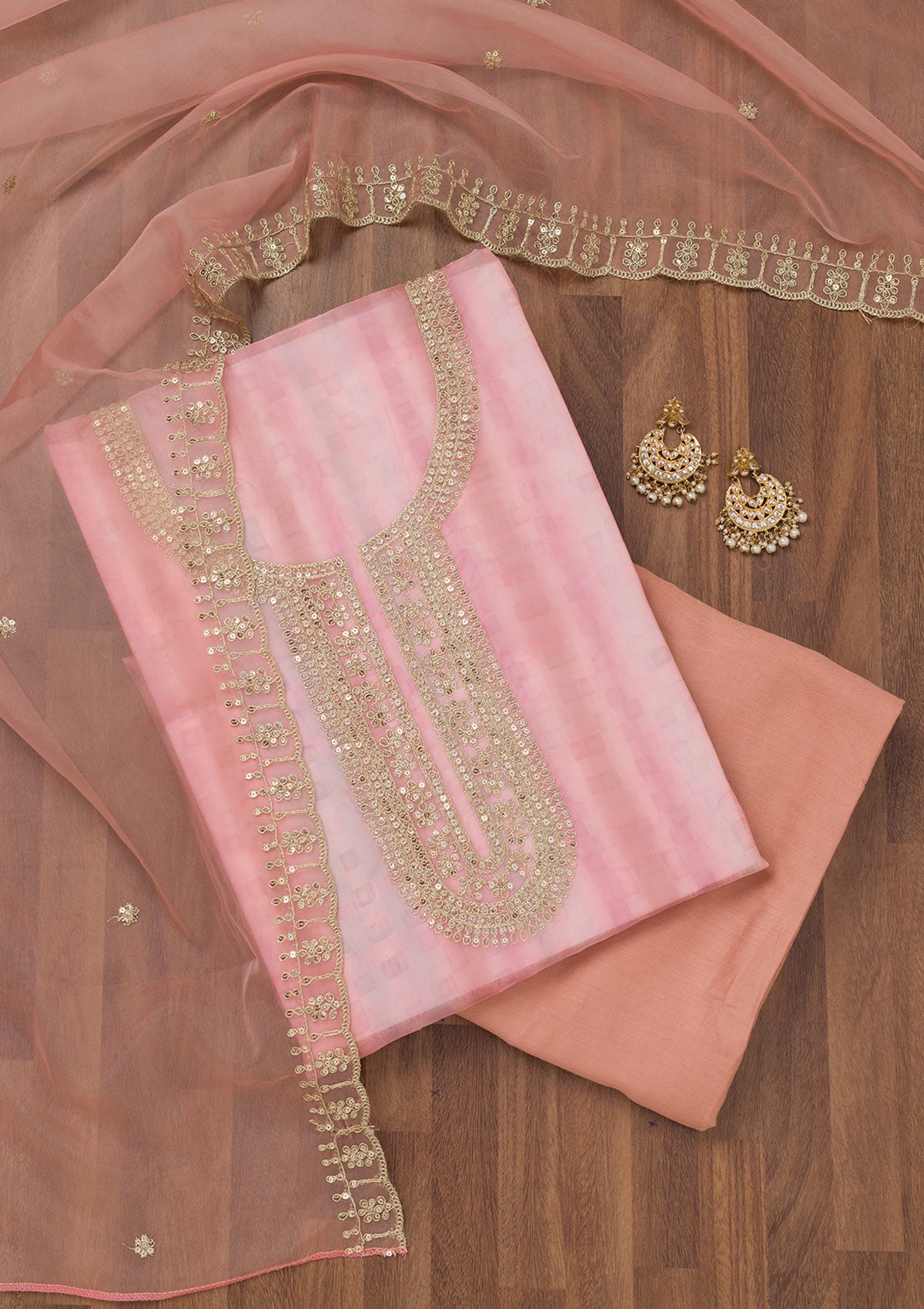 Koskii Pink Zariwork Semi Crepe Unstitched Salwar Suit