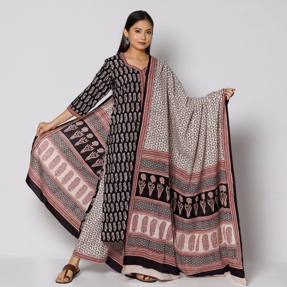 ITOKRI CASUALS Black - Bagh Block Printed Cotton Kurta with Palazzo & Dupatta Set