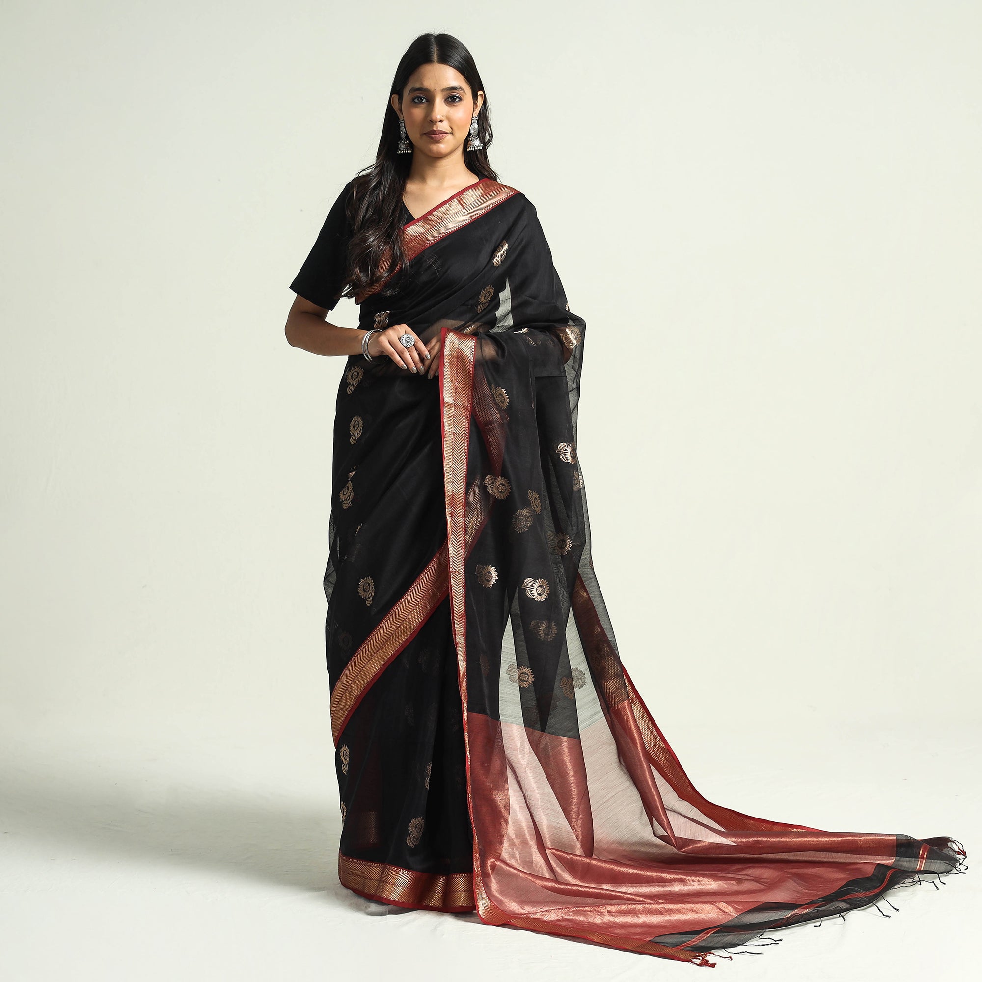 CHANDERI BY RAUPH KHAN Black - Traditional Chanderi Silk Handloom Saree with Zari Border & Buta