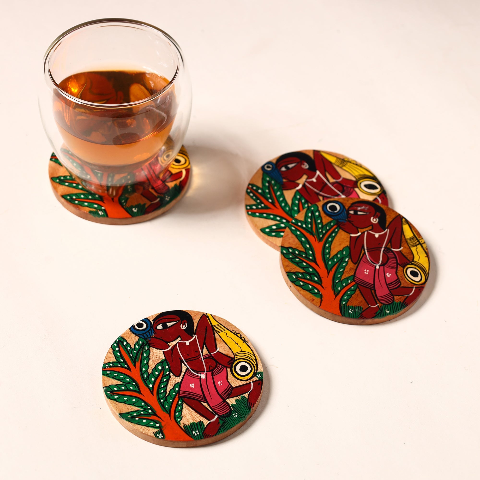ITOKRI CRAFTS INITIATIVE Bengal Patua Handpainted Akashmoni Wooden Coasters (Set of 4) 26