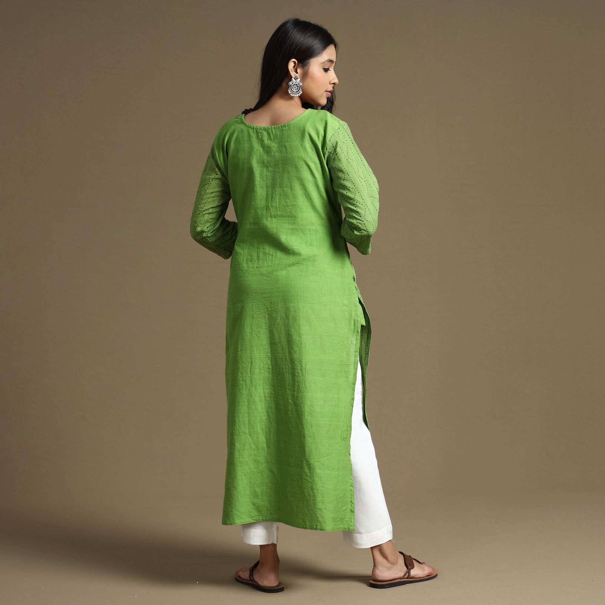 ITOKRI CASUALS Apple Green Plain Cotton Tagai Work Long Kurta - view 6