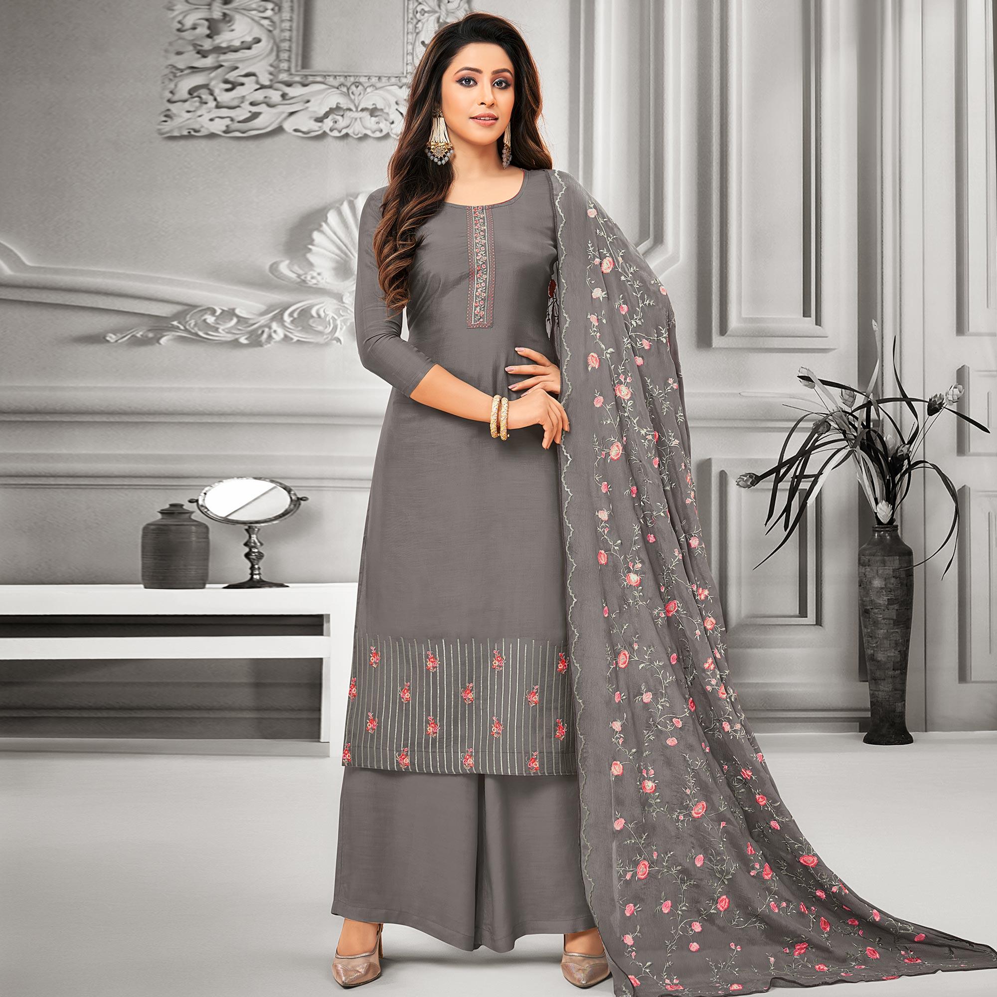 Peachmode Flirty Grey Colored Party Wear Embroidered Cotton Silk Palazzo Suit