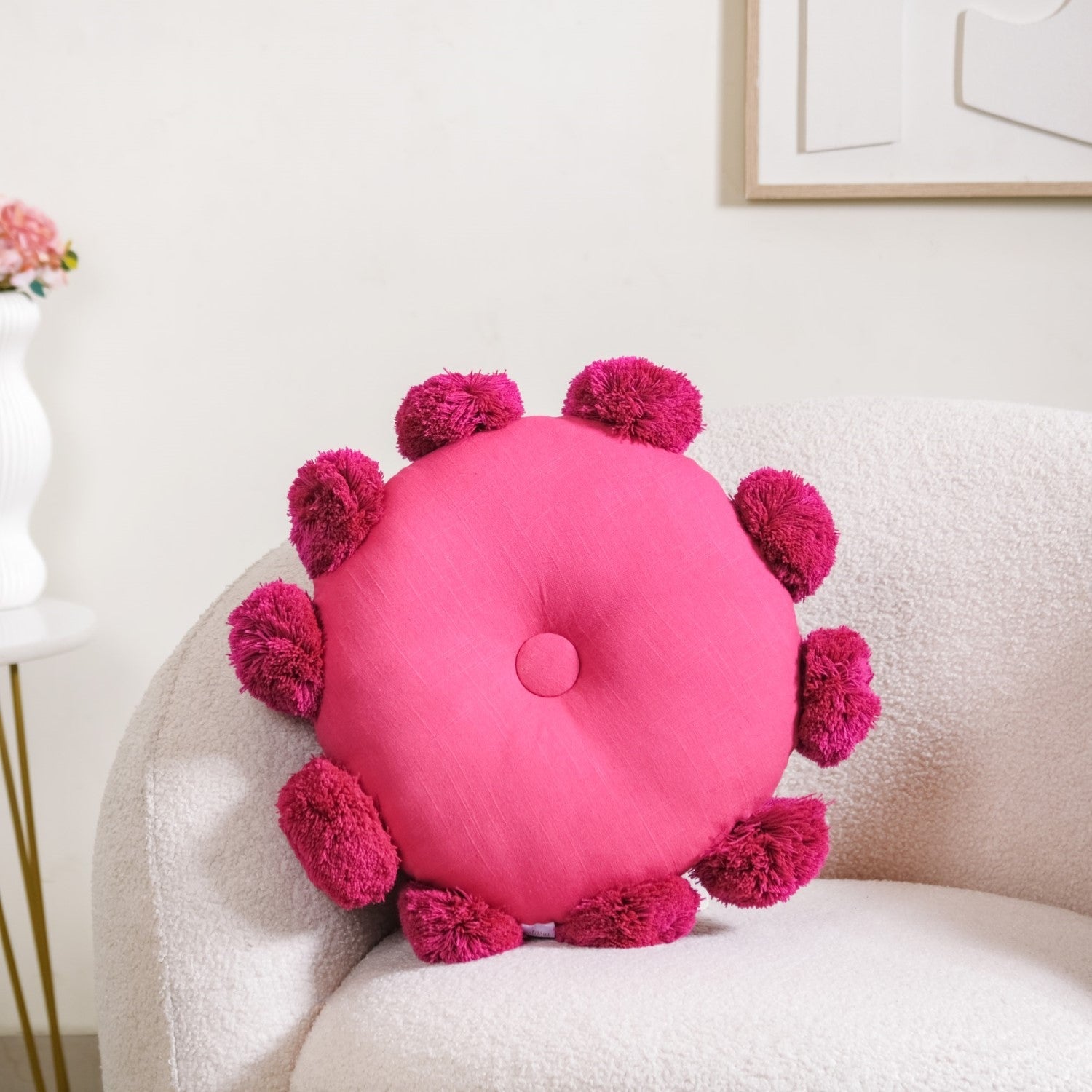 Nestasia Pink Round Cushion With Pom Poms 17 Inch