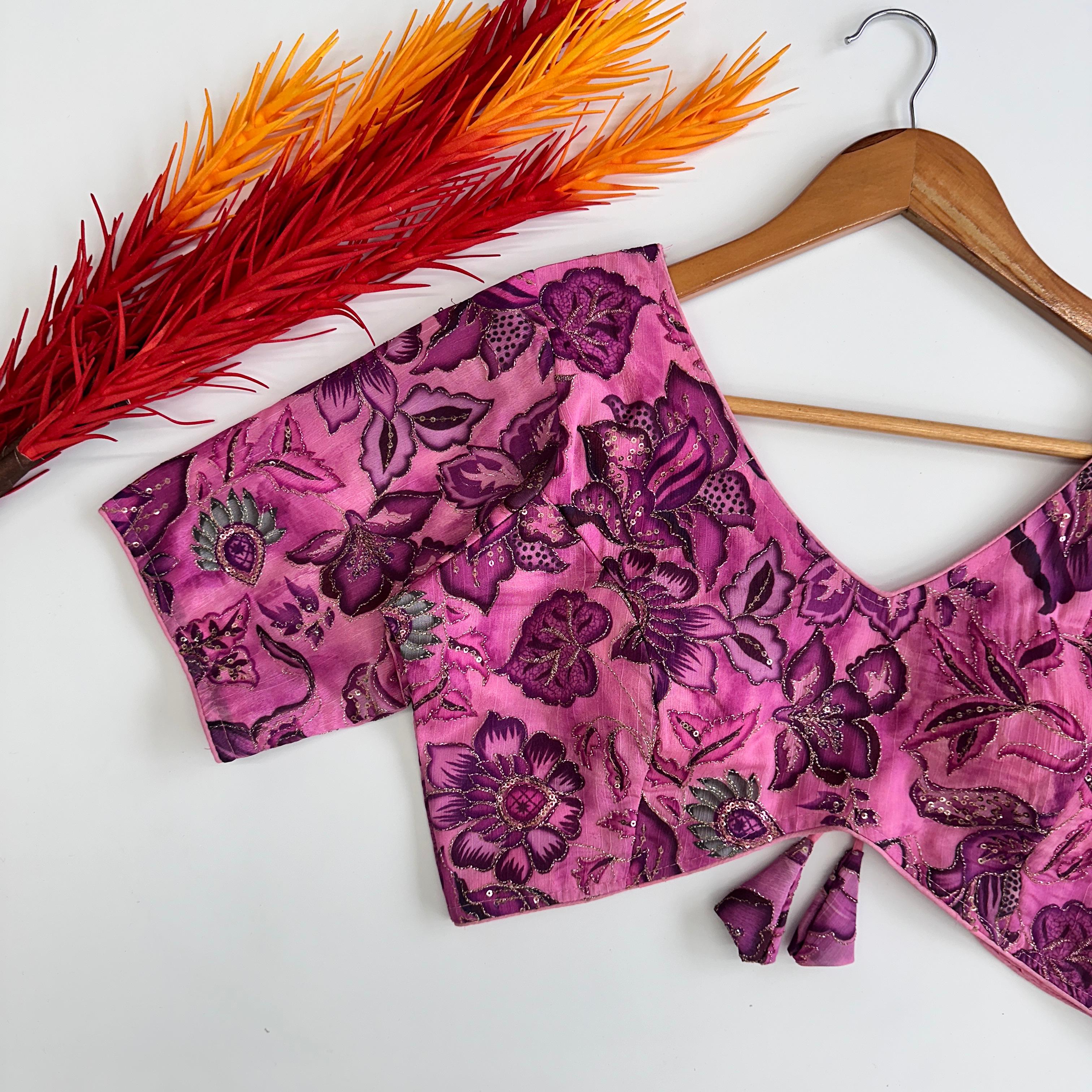 ClothsVilla Pink Elegant Hand-Embroidered Tofu Silk Blouse with Sequins - view 2