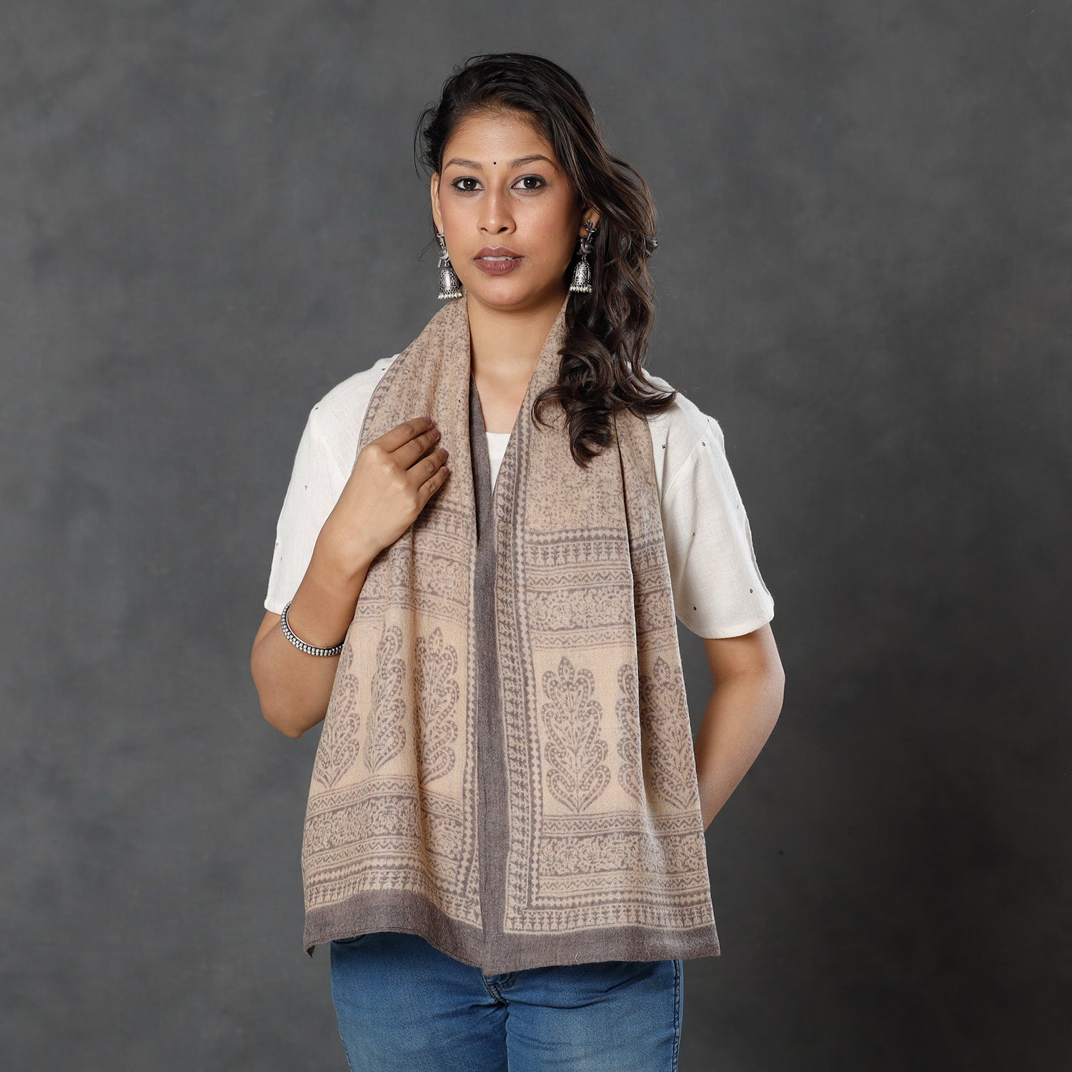 BAGH PRINTS BY MOHAMMED BILAL KHATRI Beige - Bagh Block Printed Natural Dyed Woolen Muffler (61 in)