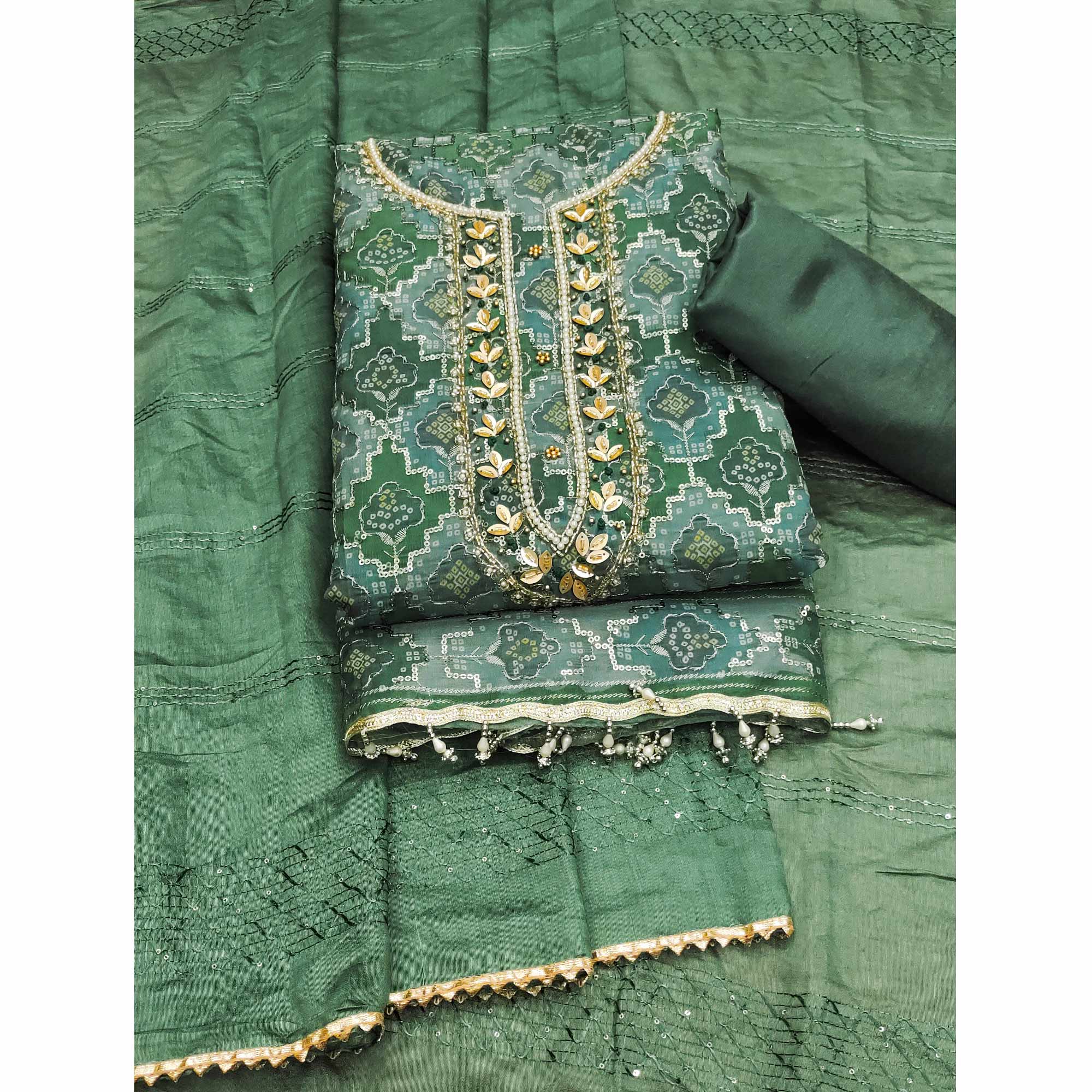BlackTree green-sequins-embroidered-with-printed-organza-dress-material-4 - view 3