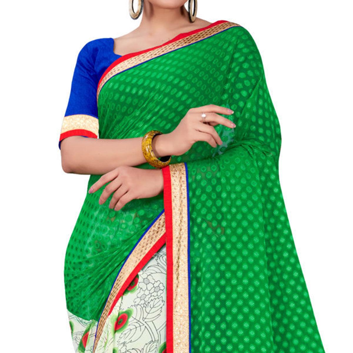 Peachmode Flattering Green-White Colored Party Wear Floral Printed Georgette half-half Saree - view 2