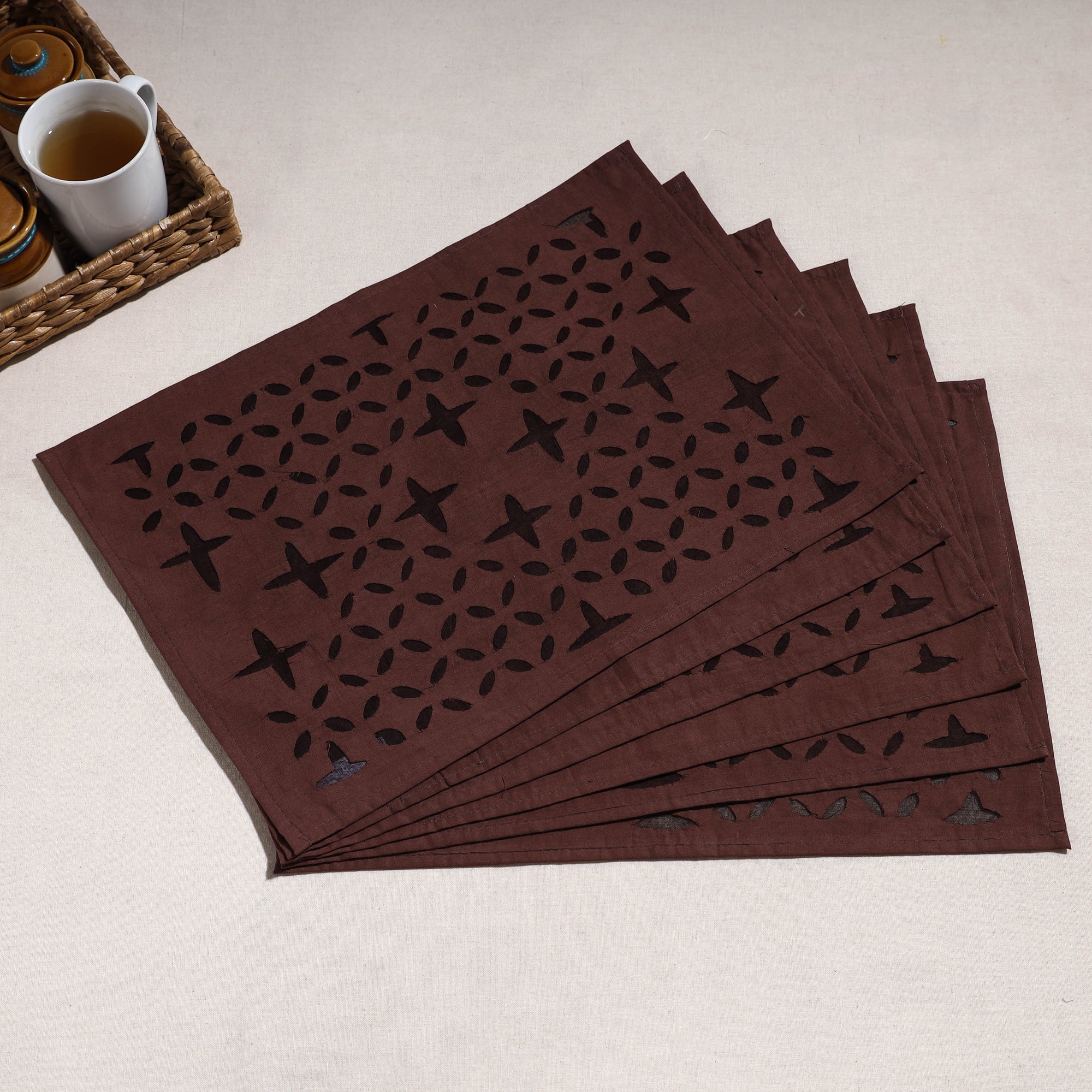 SHADES OF MARUDHARA Brown - Applique Cut work Cotton Table Mats (set of 6)
