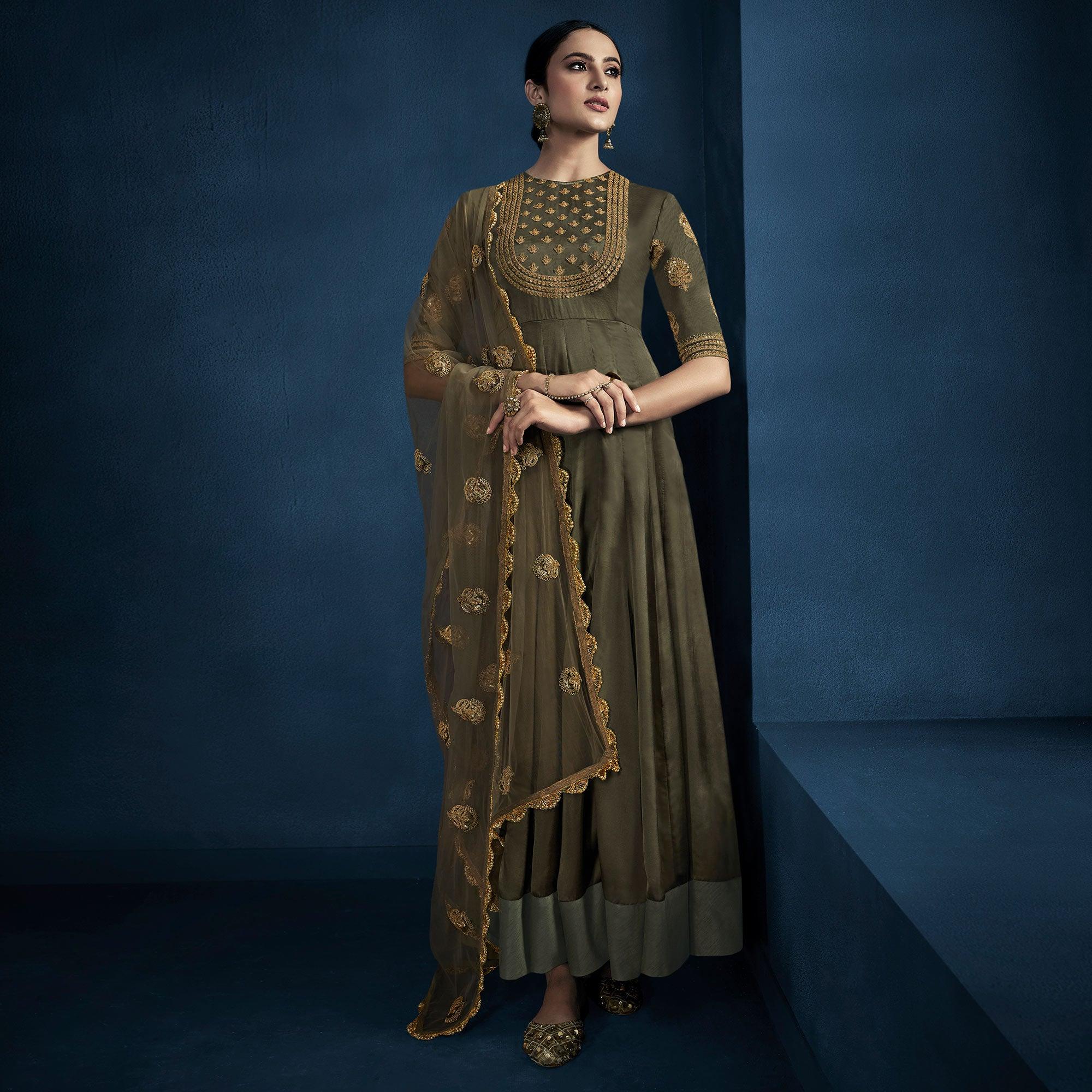 Peachmode Mehndi Green Cording With Sequins Embroidery Georgette Partywear Suit