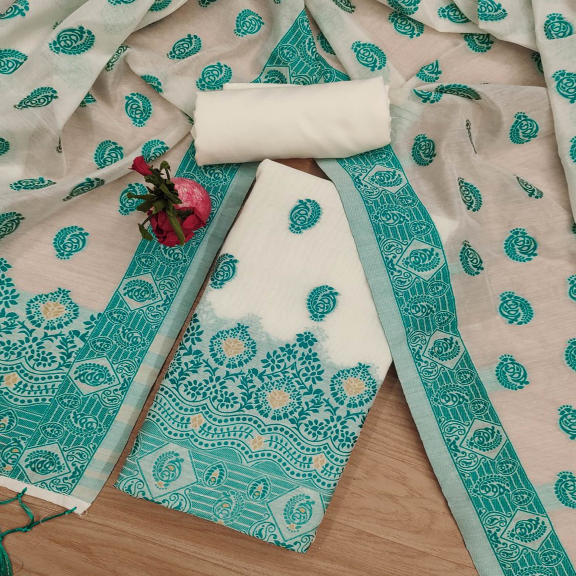 Peachmode Offwhite & Teal Floral Woven Chanderi Dress Material