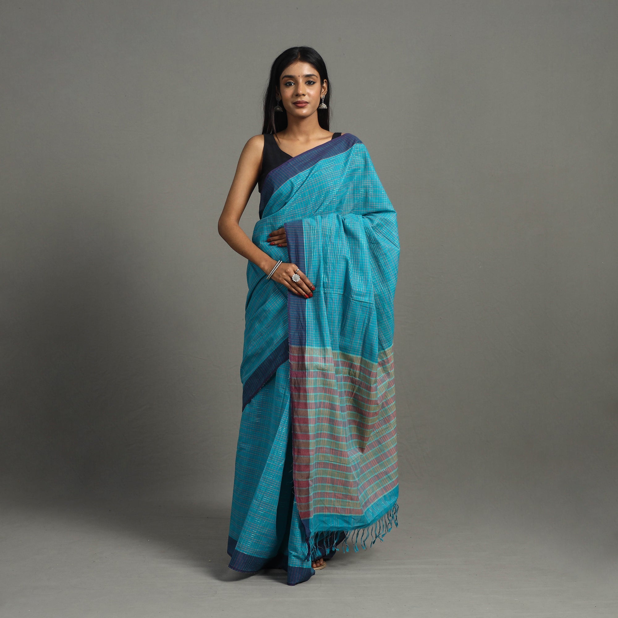 CREYO Blue - Bazaar Checks Cotton Handloom Saree 44