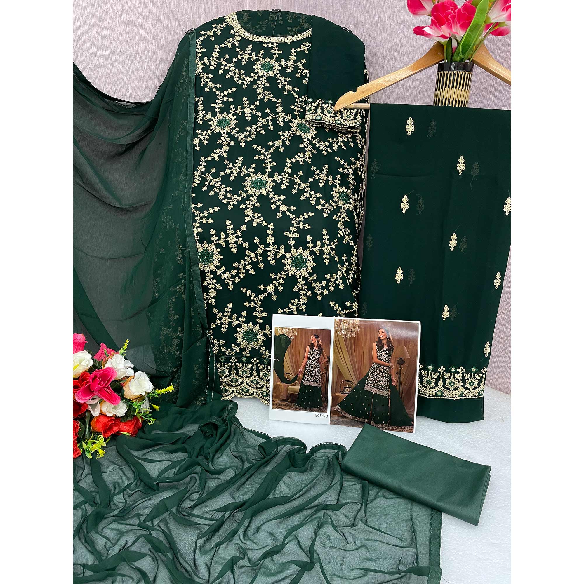 Peachmode Dark Green Floral Embroidered Georgette Semi Stitched Sharara Suit - view 4
