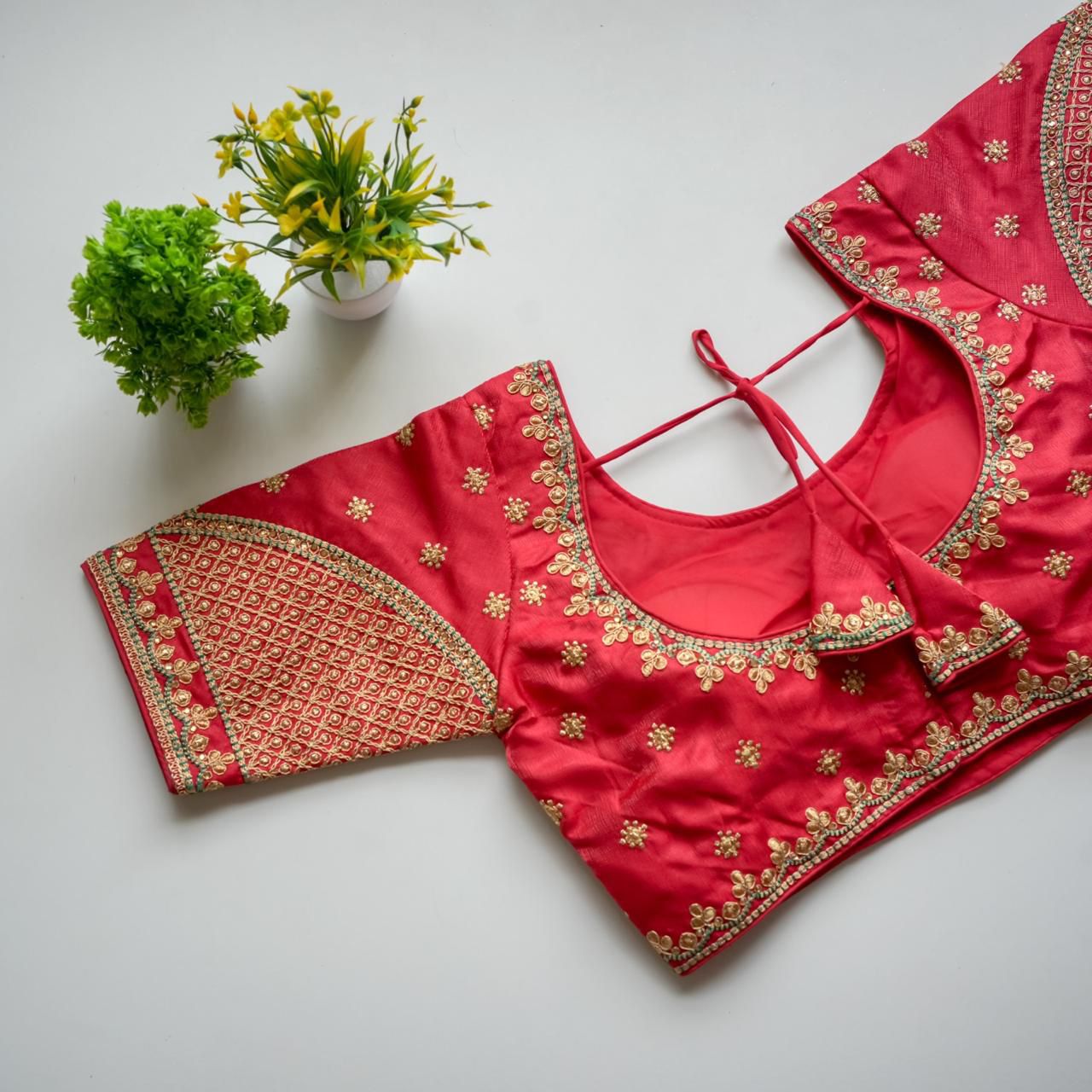 ClothsVilla Red Mulmul Silk Blouse with Golden Embroidery and Sequins - view 2