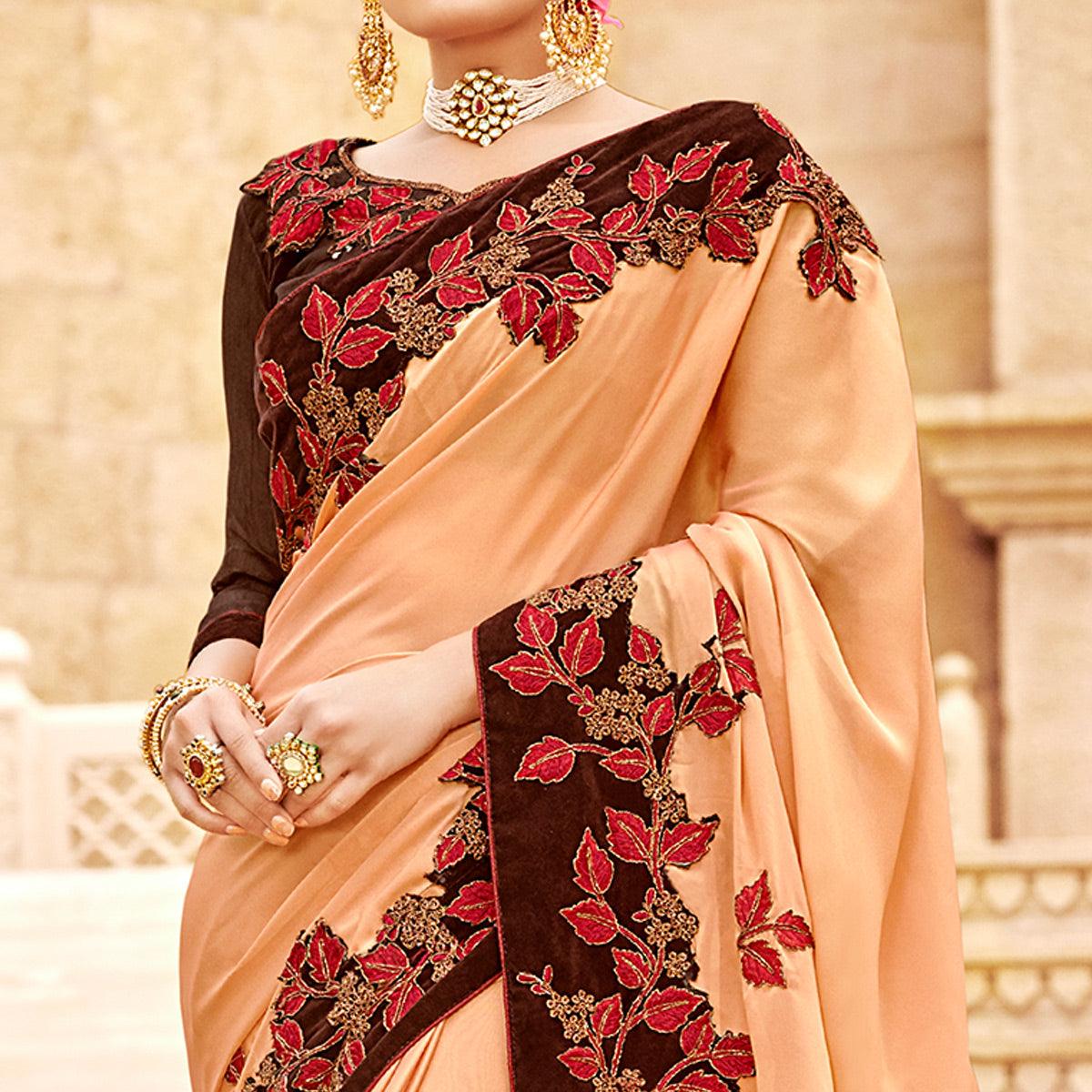 Peachmode Captivating Peach Colored Party Wear Embroidered Satin-Georegtte Saree - view 2