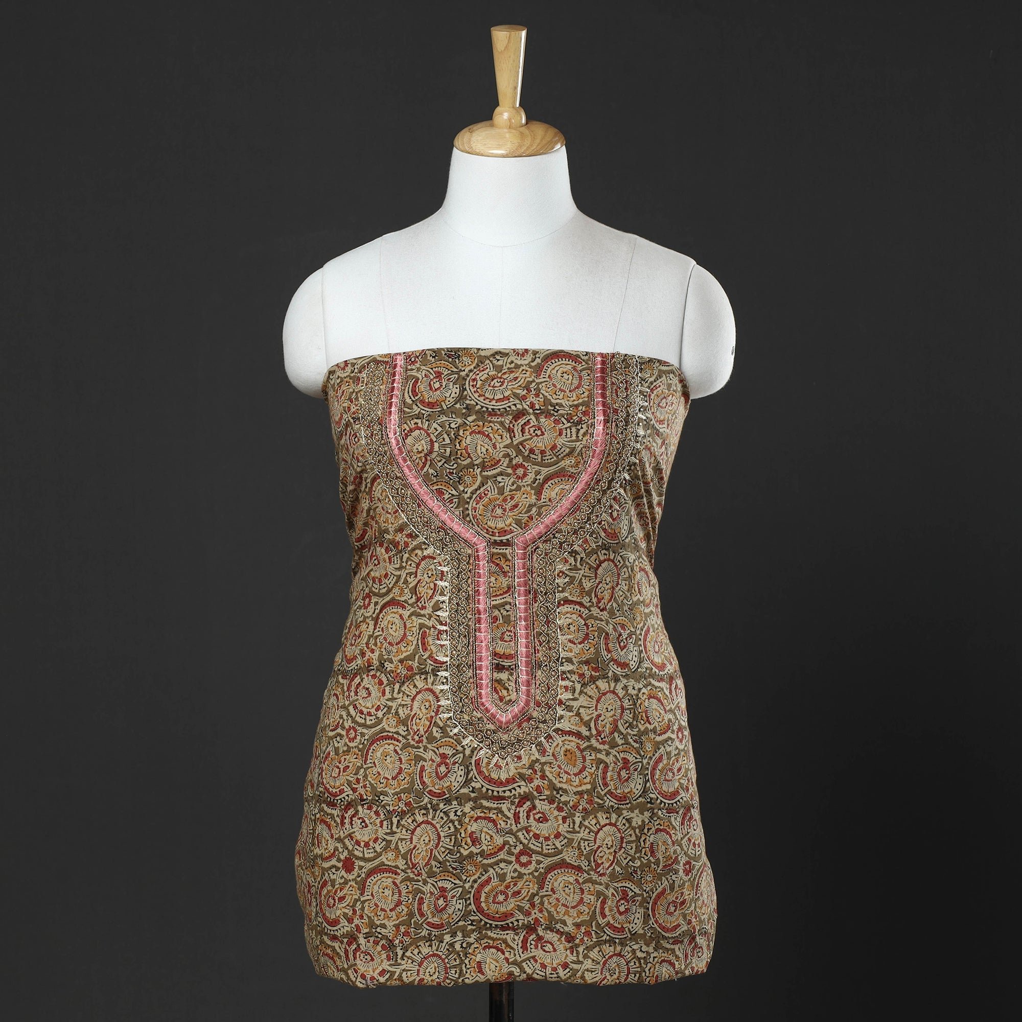 NOORI BAZAR Brown - Kalamkari Block Printed Thread & Bead Work Embroidered Cotton Kurta Material - 2.55 Meter