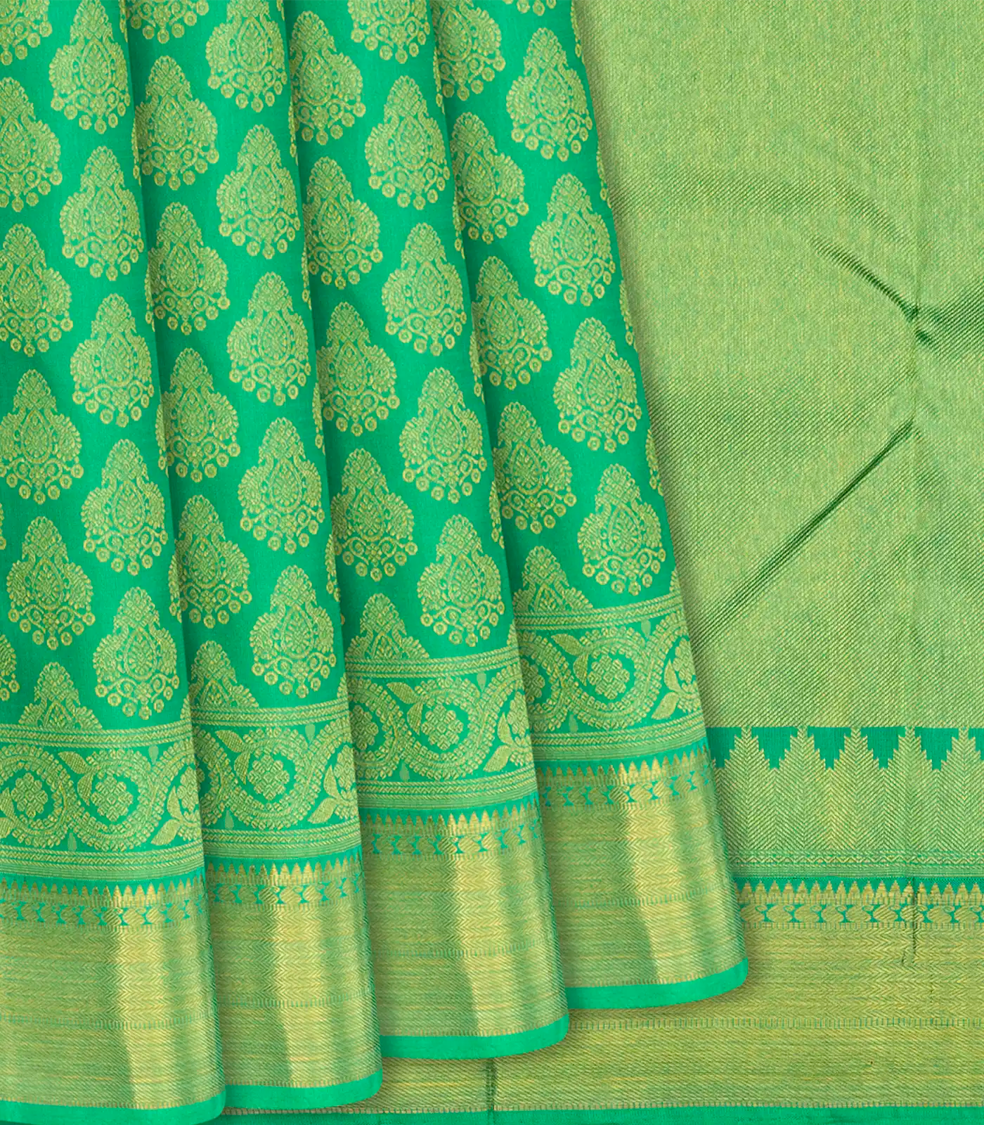 RmKV Green Handloom Kanchipuram Silk Saree With Floral Motifs-Green