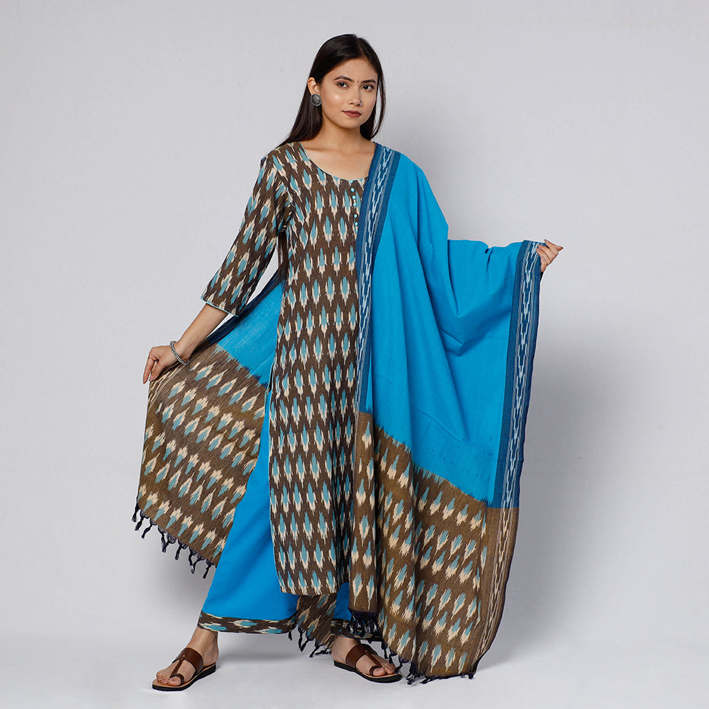 ITOKRI CASUALS Brown - Pochampally Ikat Weave Cotton Kurta with Palazzo & Dupatta Set - view 2
