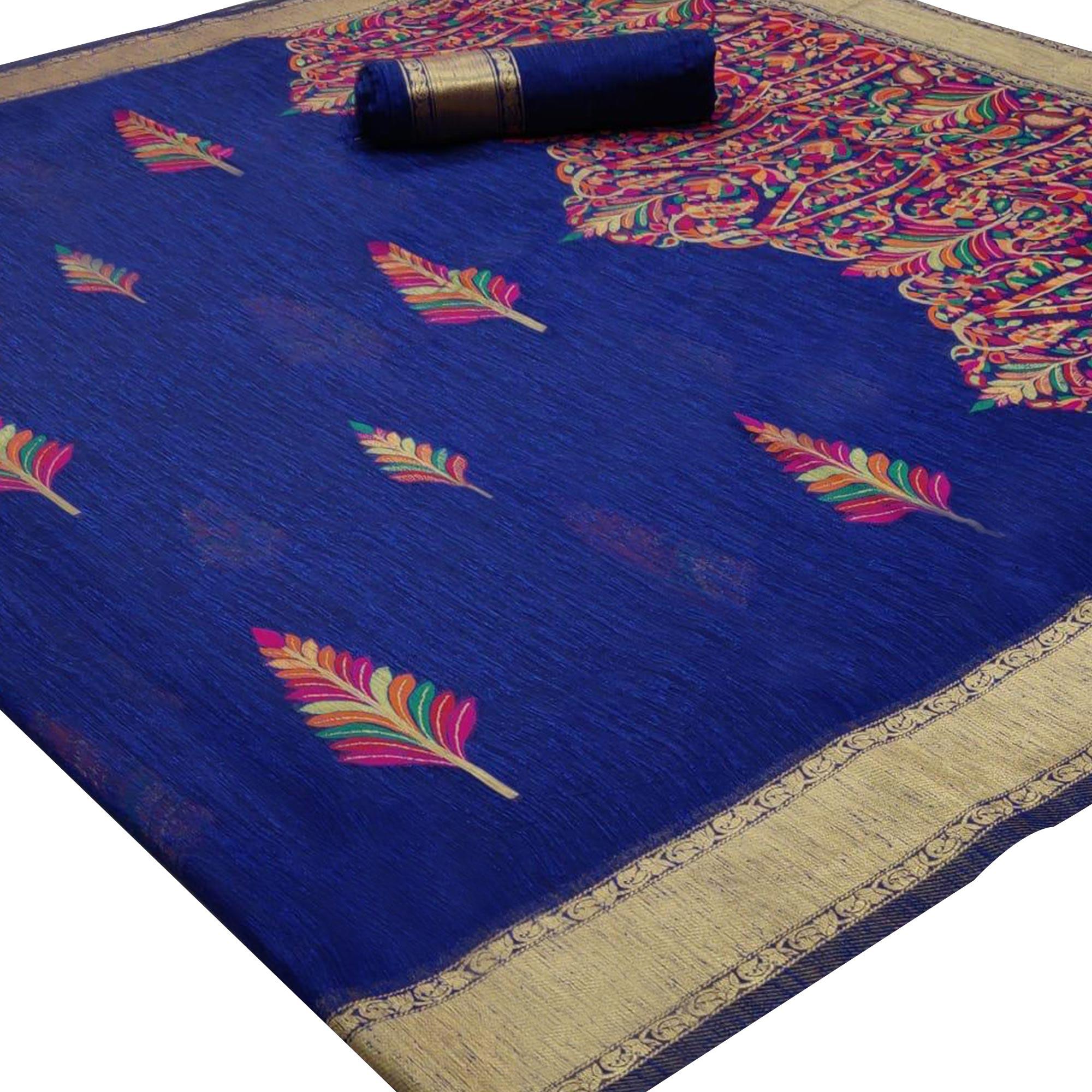 Peachmode Glowing Blue Colored Partywear Printed Linen Saree - view 3