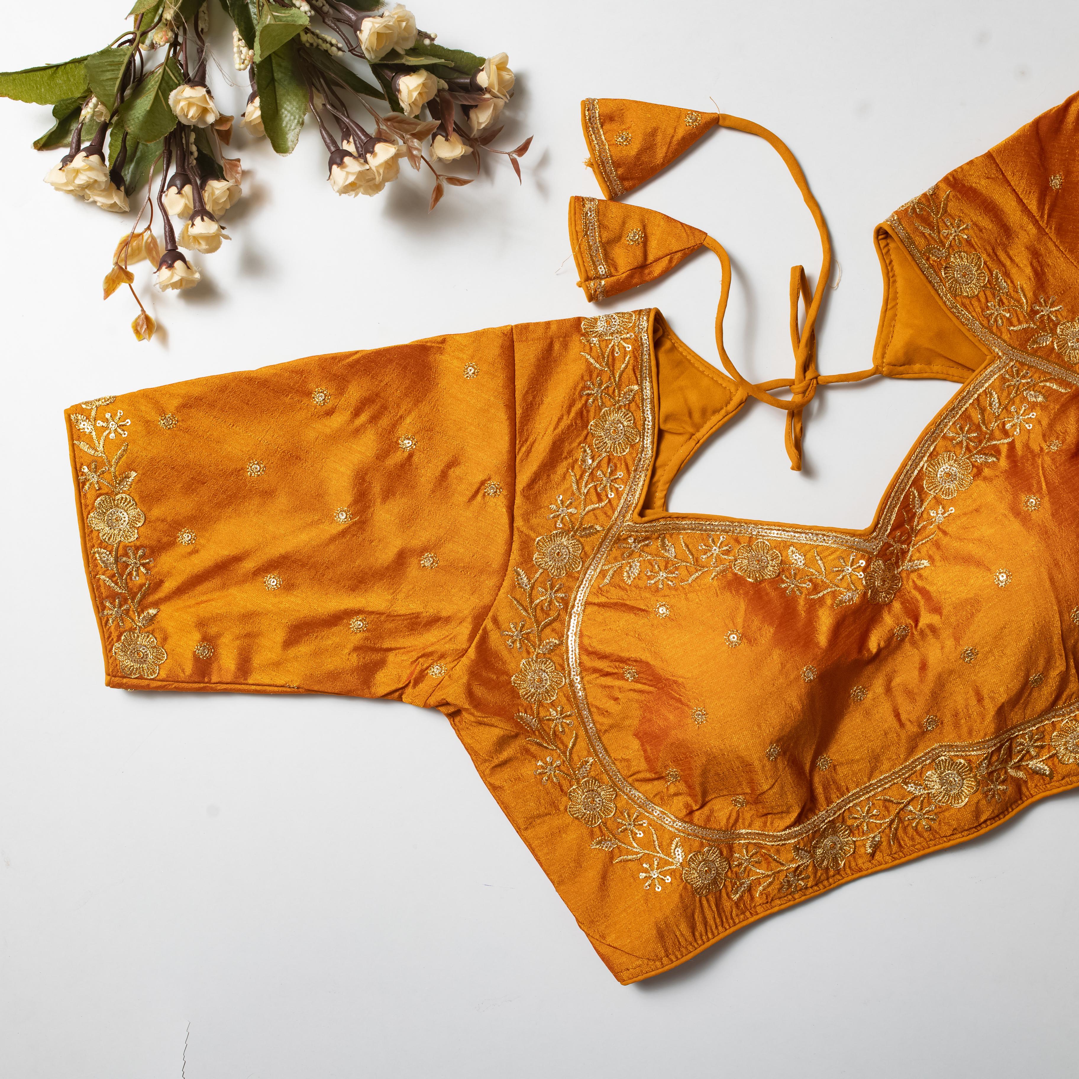 ClothsVilla Yellow Olive Silk Blouse with Golden Embroidery and Sequins