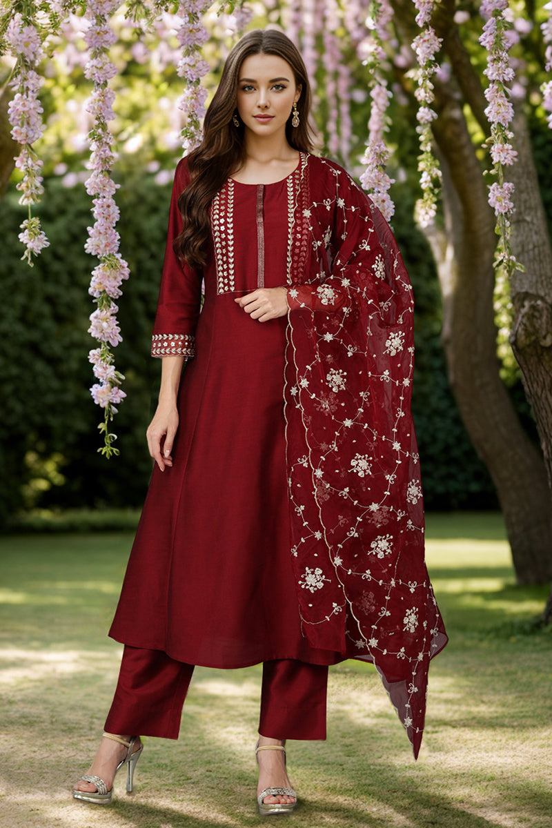 Ahika Maroon Silk Blend Straight Kurta Pant With Dupatta PKSKD1902