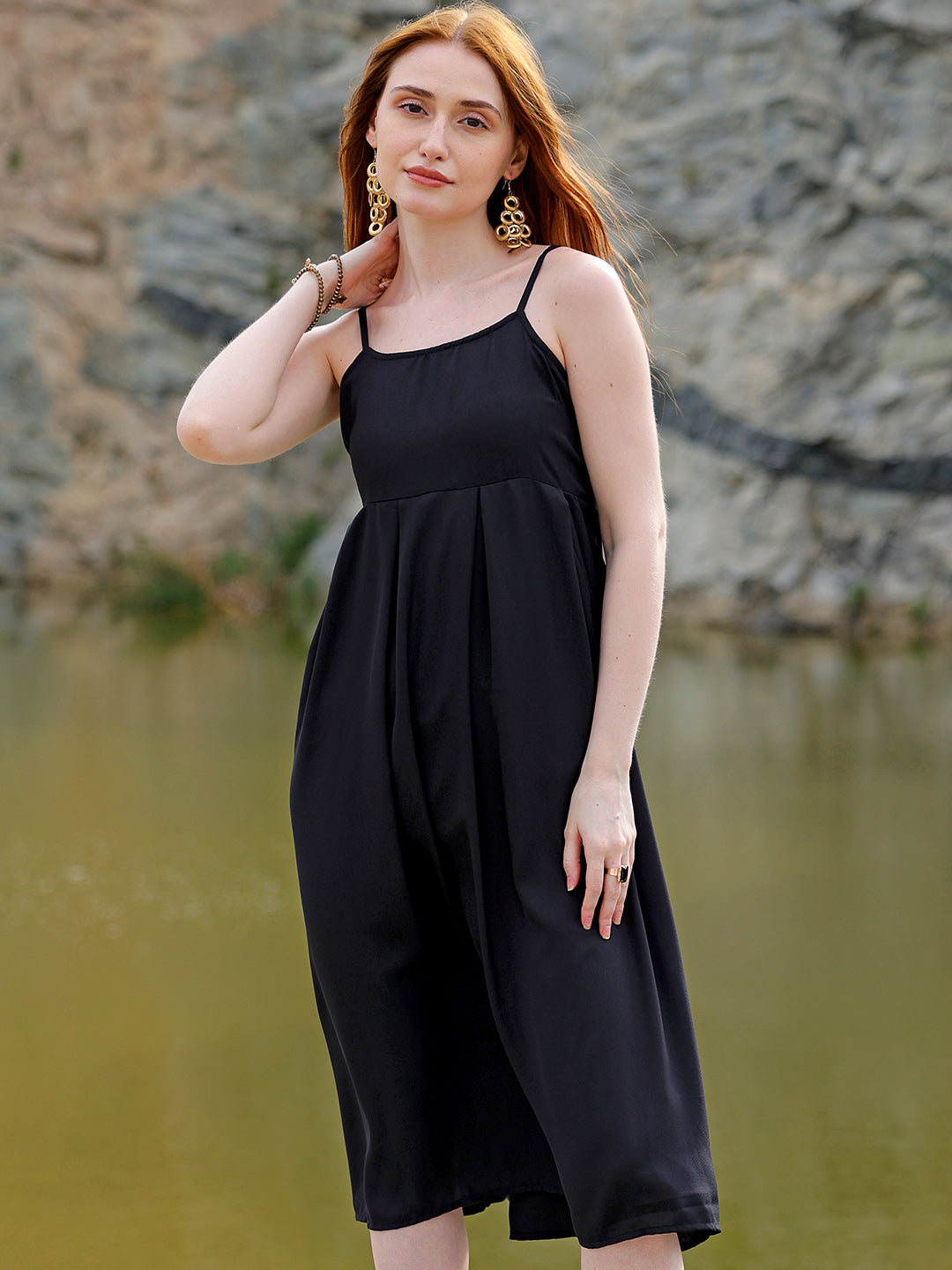 Freehand by The Indian Garage Co Women's Black Fit and Flare Solid Square Neck Pleated Dress