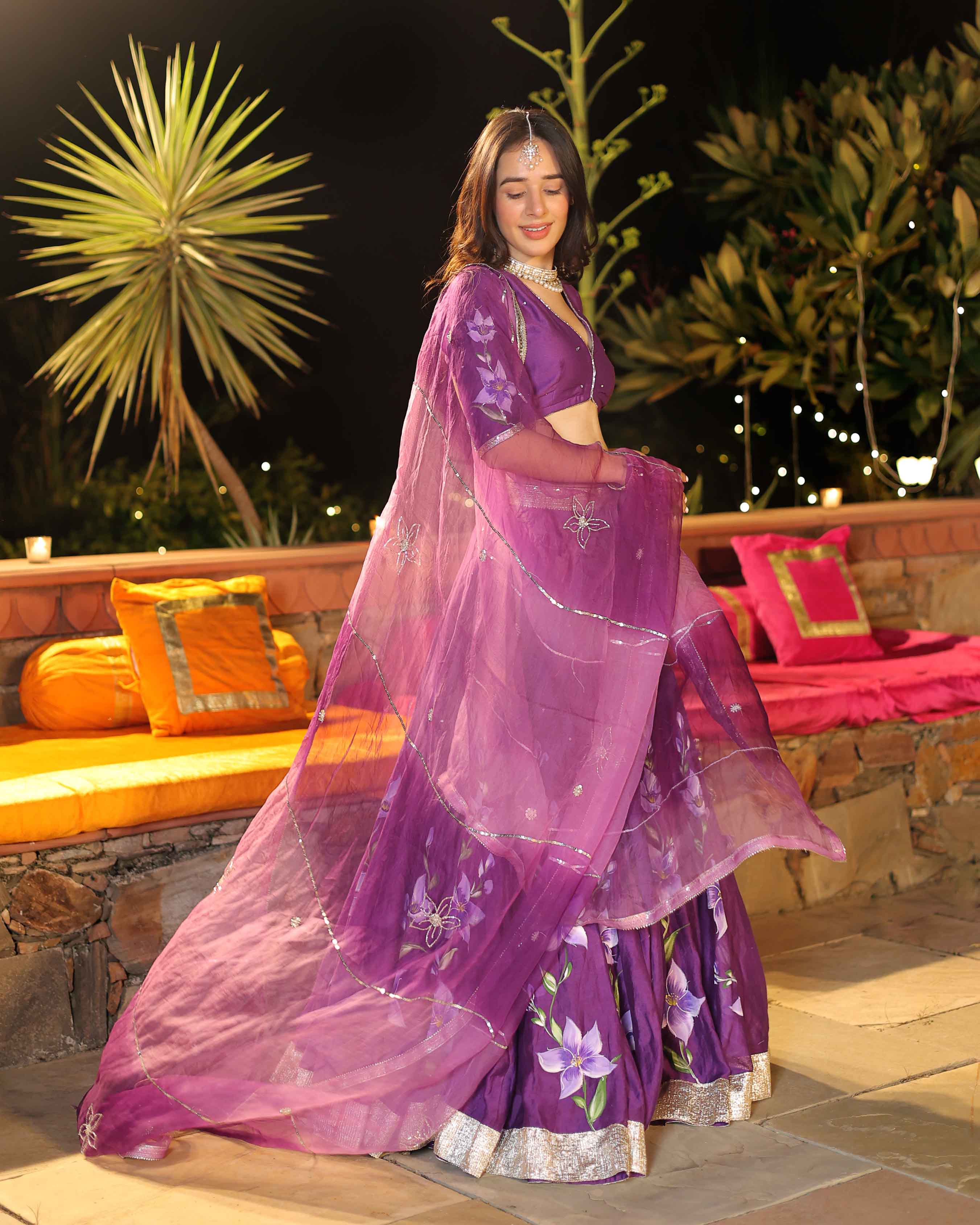 Aachho Purple Whisper Handpainted Chanderi Lehenga Set - view 9