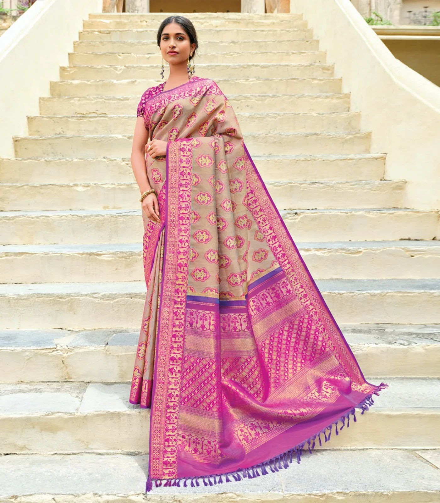 RmKV Multicolour Handloom Kanchipuram Meenakari Moghul Flower Lino Silk Saree-Multi colour