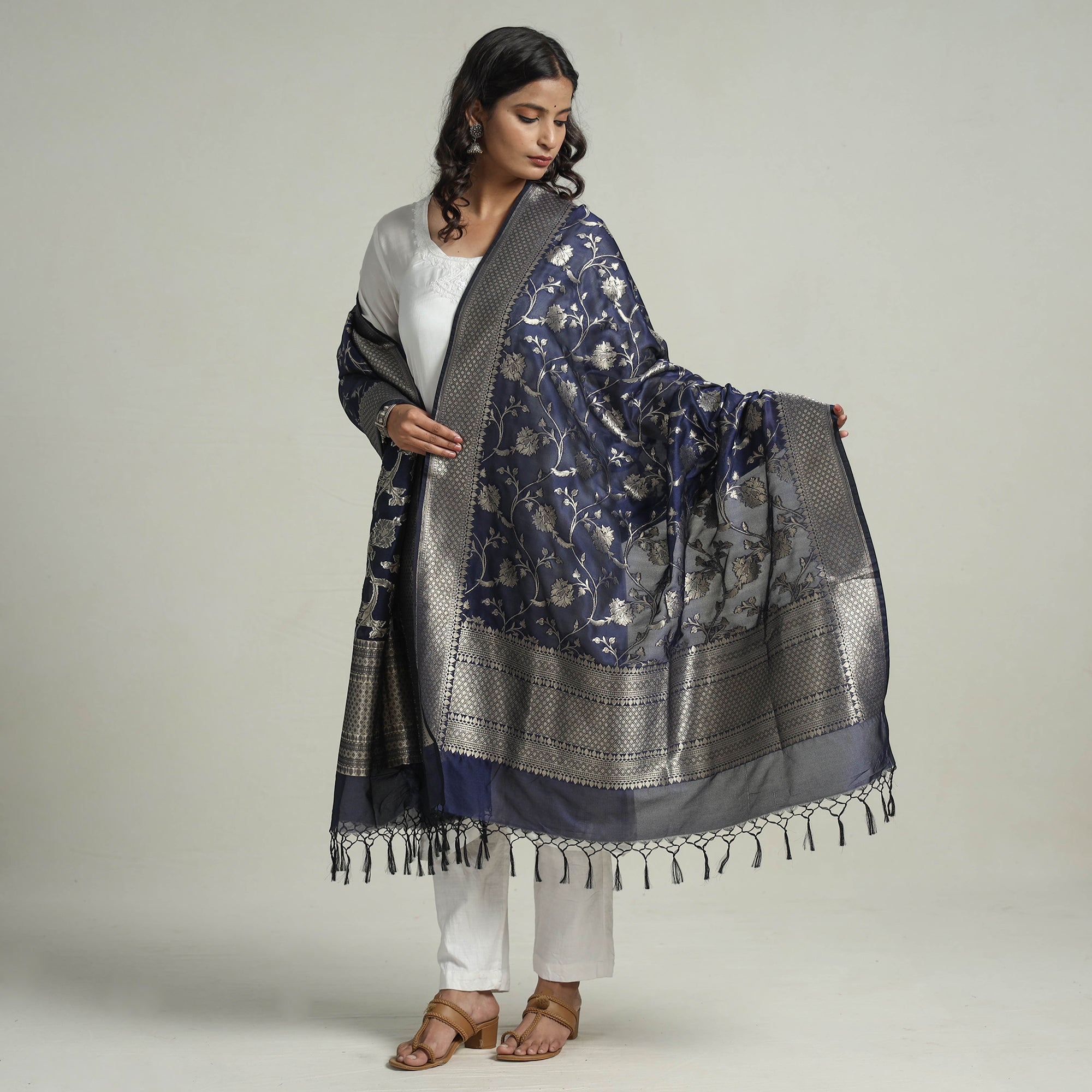 BANARASI BY MAQBUL HASAN Blue - Banarasi Semi Silk Zari Jaal Dupatta with Tassels 26