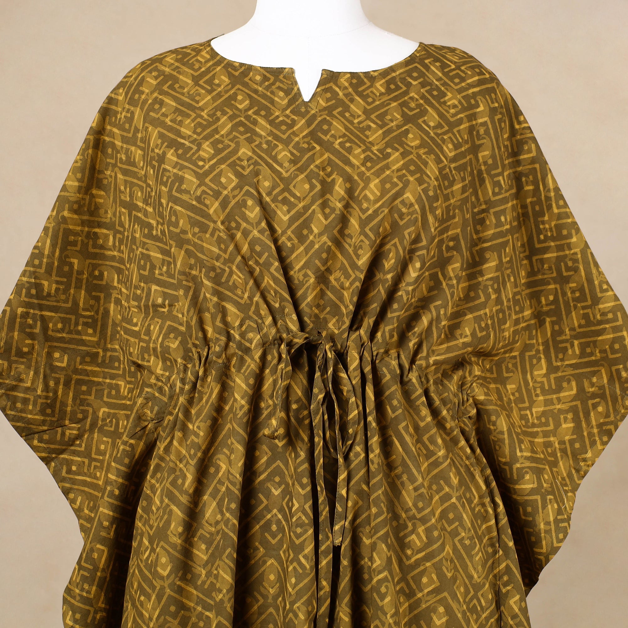 CHUTNEY CRAFT STUDIO Brown - Hand Block Printed Cotton Kaftan with Tie-Up Waist (Long) - view 3
