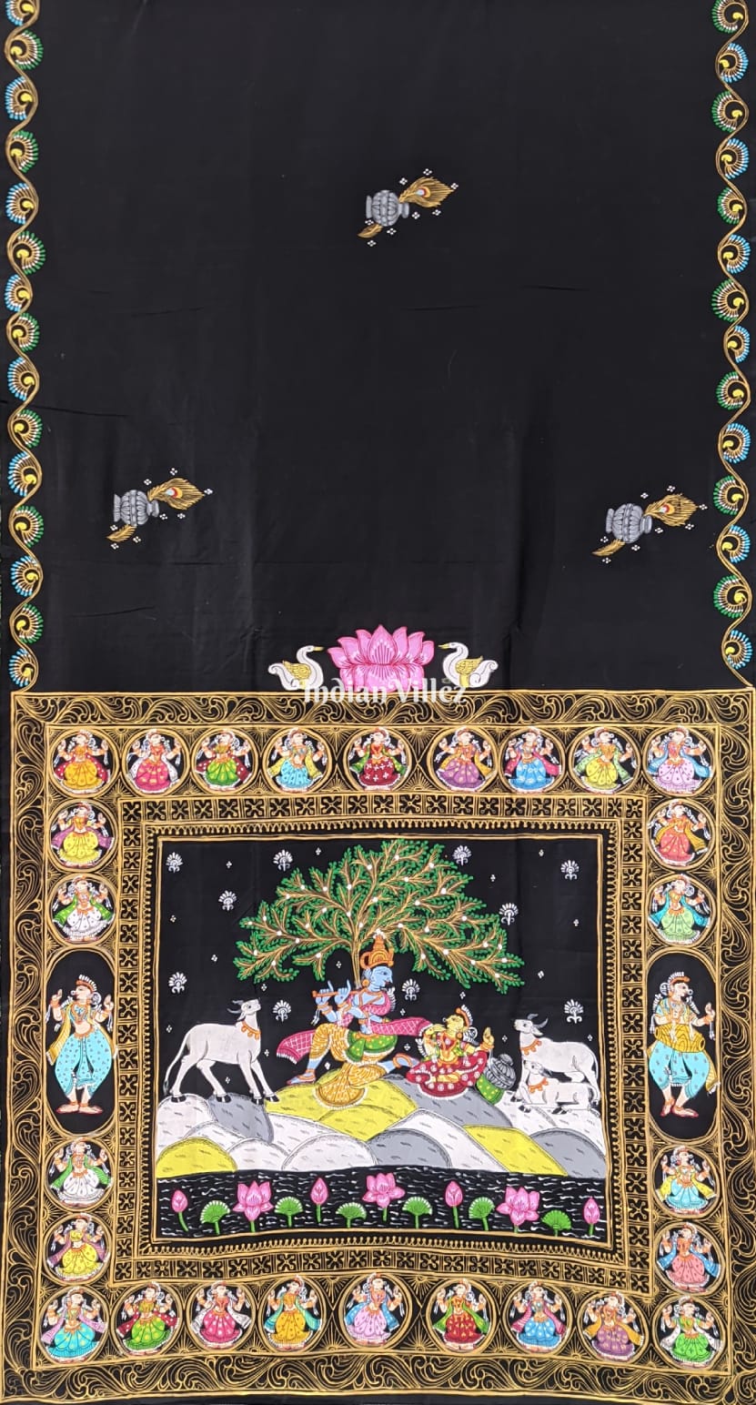 IndianVillèz Black Radha Krishna Hand-Painted Pattachitra Saree (PRE ORDER)