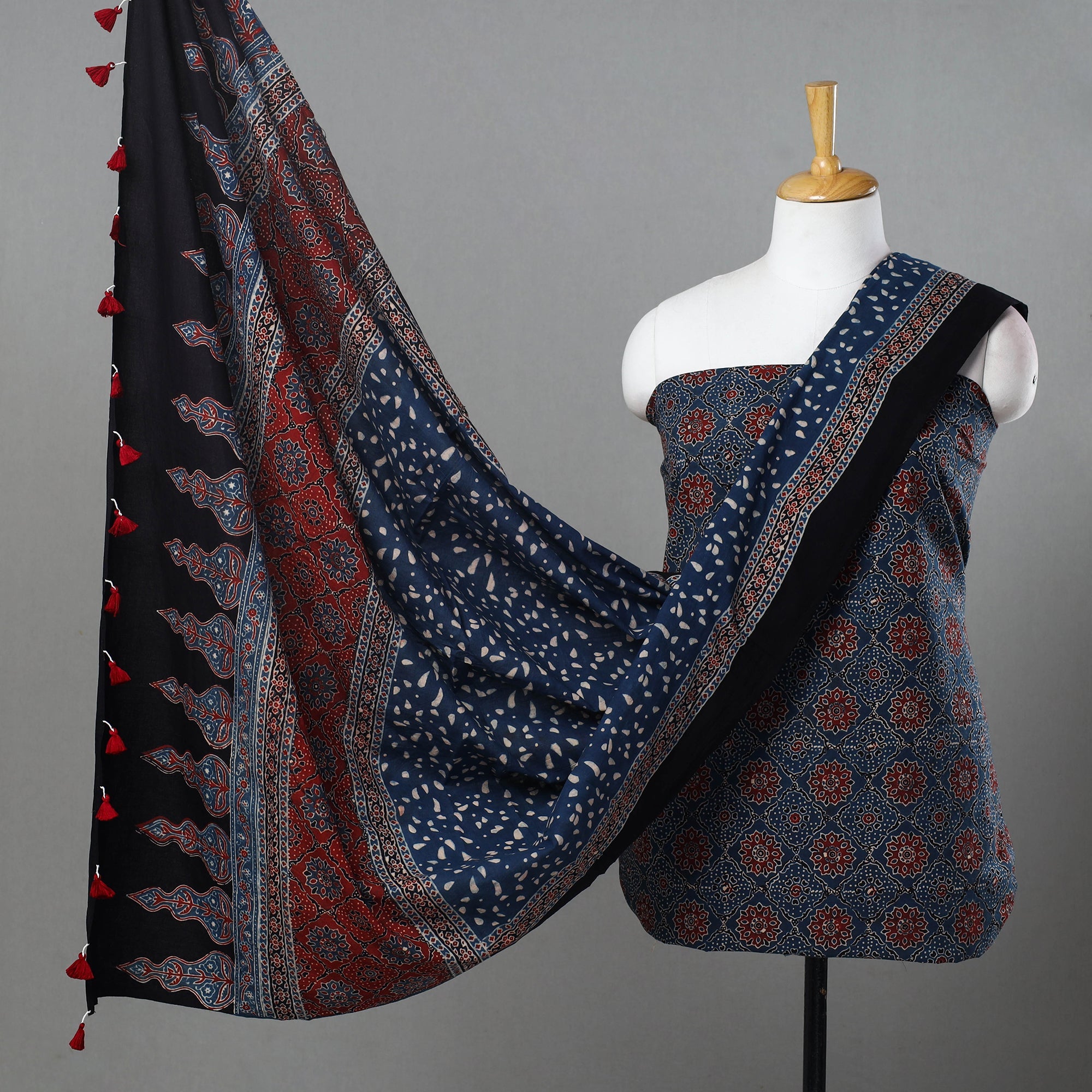 AJRAKH BY SUFIYAN ISMAIL KHATRI Blue - Hand Block Print Cotton 3pc Ajrakh Dress Material 05