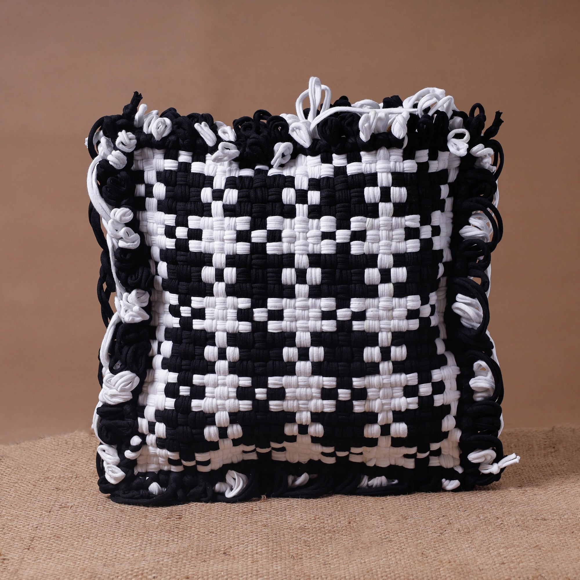 PROJECT 1000 BY SHANTI SEVA NIDHI Black - Handwoven Upcycled Cotton Cushion Cover (12 x 12 in)