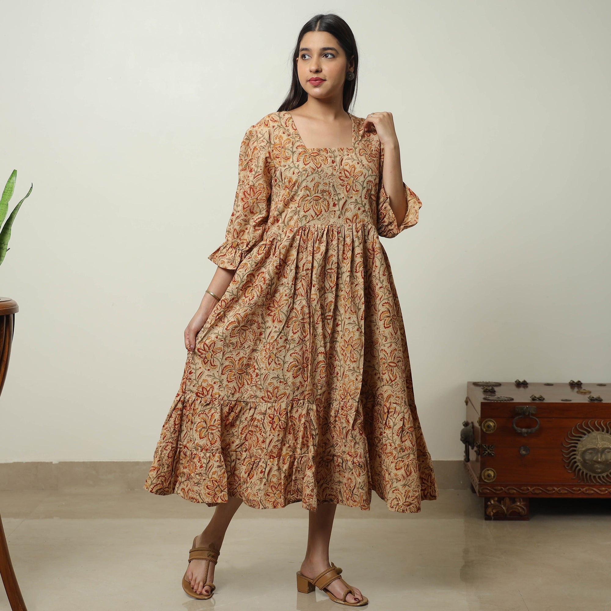 ITOKRI CASUALS Beige - Kalamkari Block Printed Cotton Tiered Dress 10 - view 2