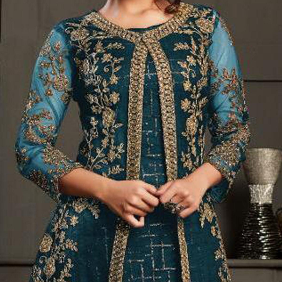 Peachmode Classy Aqua Blue Coloured Party Wear Floral Embroidered Butterfly Net Pakistani Straight Suit - view 4