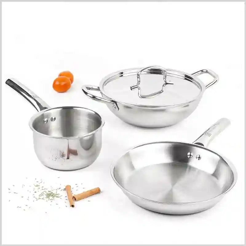 The Indus Valley TurboCuk Tri-ply Stainless Steel Cookware Set: Kadai+ Frypan+ Tea/Milk pan, Premium Quality, 3 Layer Thick Body, 100% Toxin-free, Non