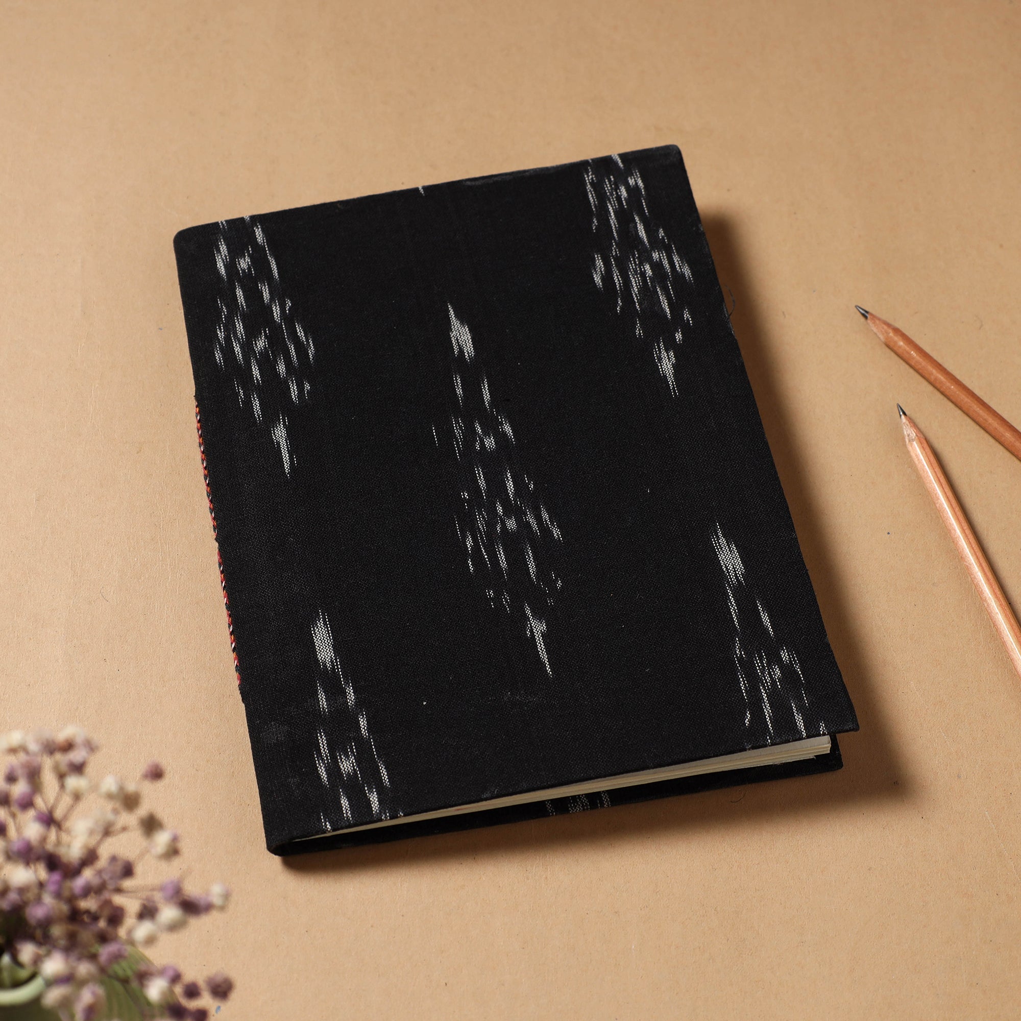 CHUTNEY CRAFT STUDIO Black - Ikat Fabric Cover Handmade Paper Notebook (9 x 7 in)