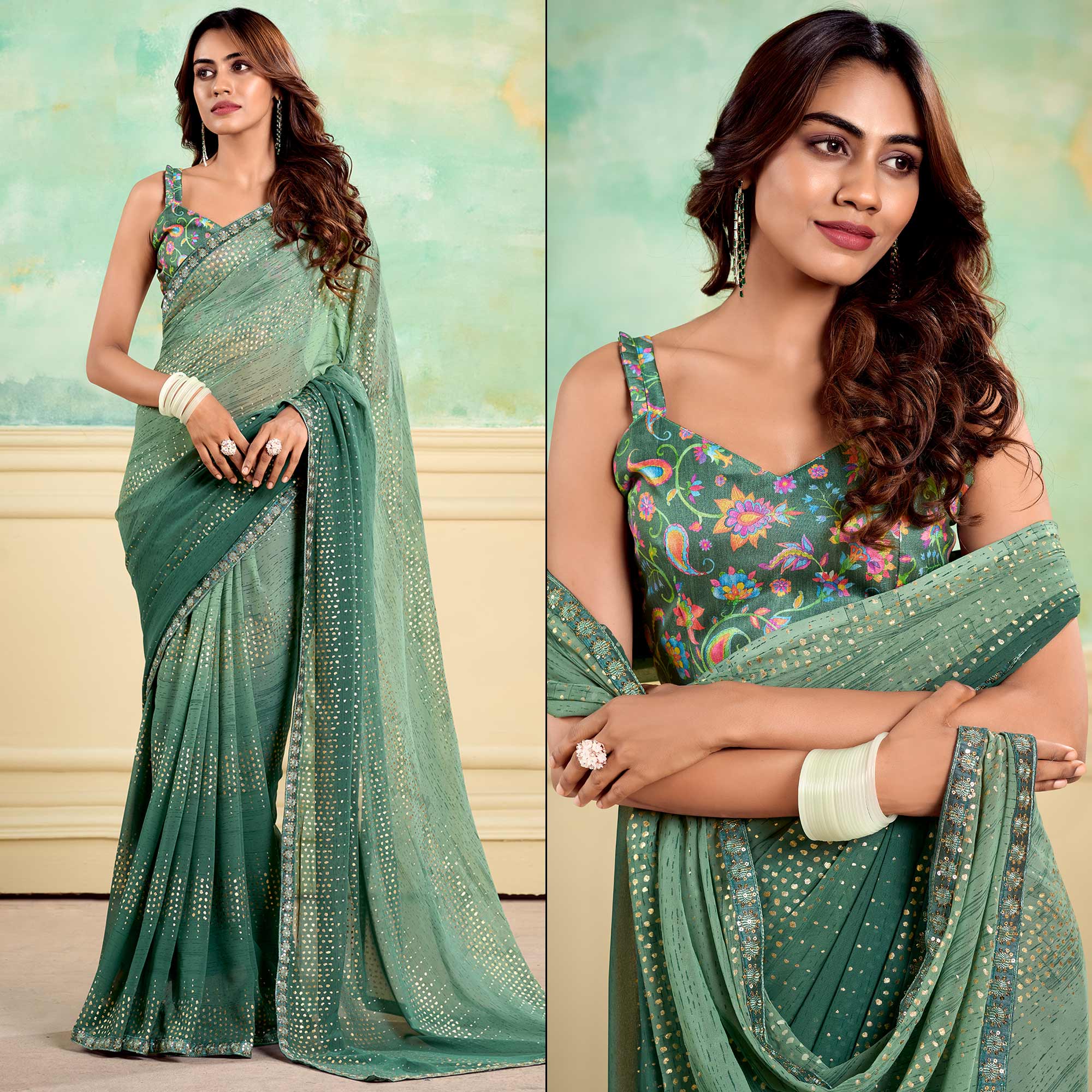 Peachmode Dusty Green Foil Printed With Sequins Georgette Saree