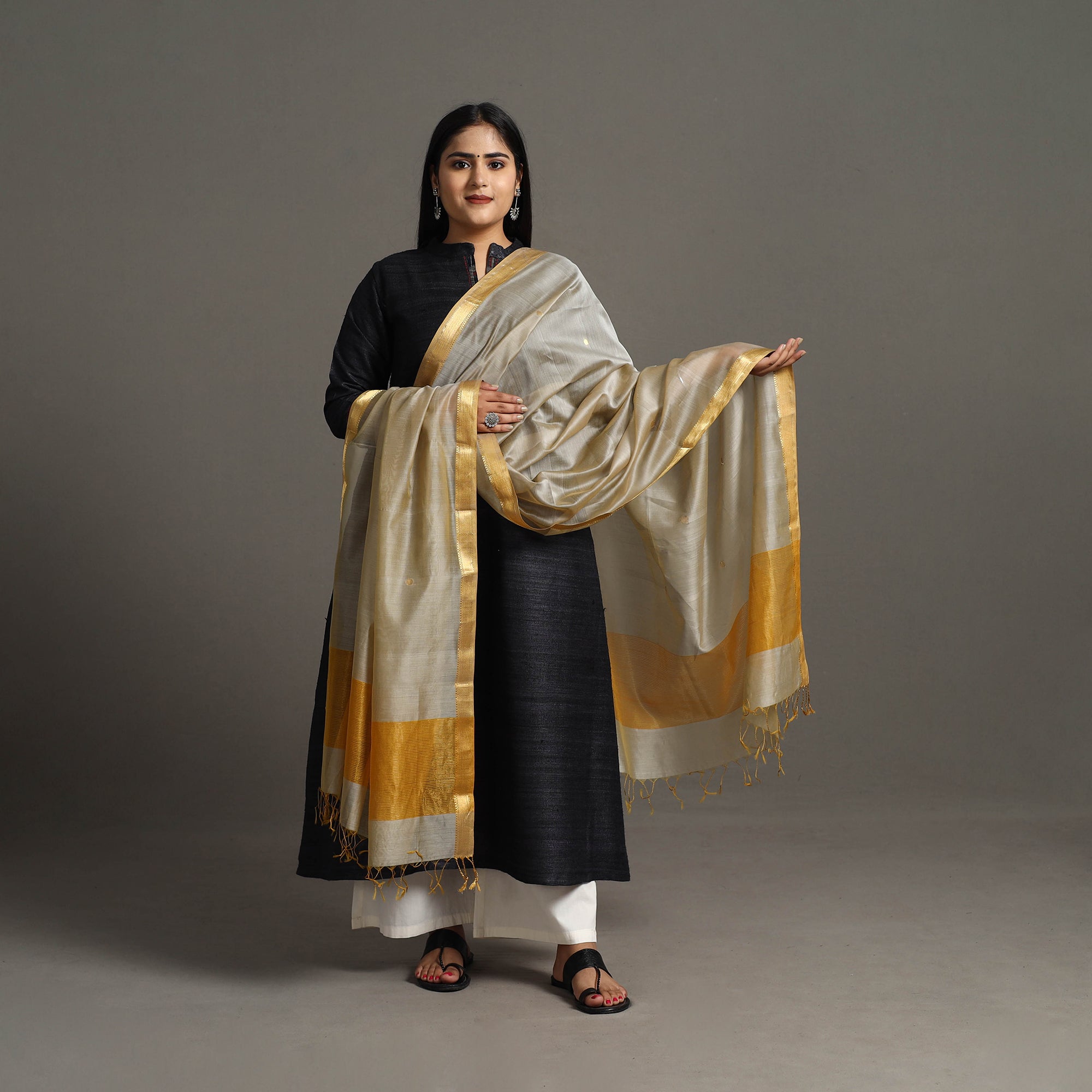 ITOKRI CRAFTS INITIATIVE Beige - Handloom Silk Cotton Circle Buti Maheshwari Dupatta 30