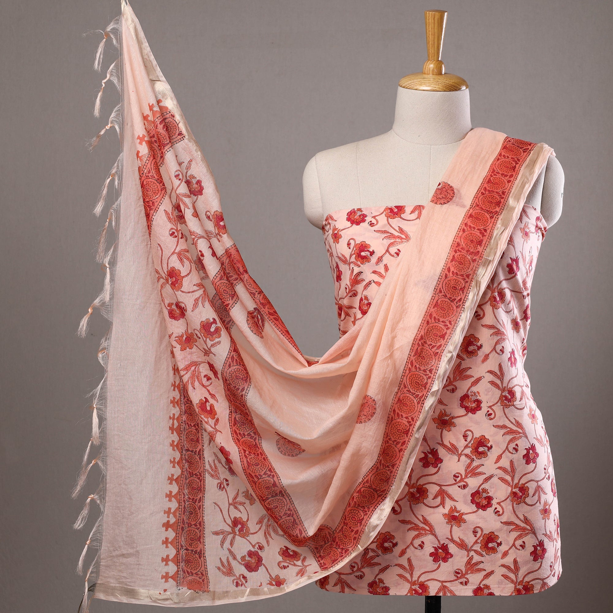 HAVELI CHRONICLES Beige - 3pc Sanganeri Block Printed Cotton Suit Material with Chanderi Silk Dupatta 15