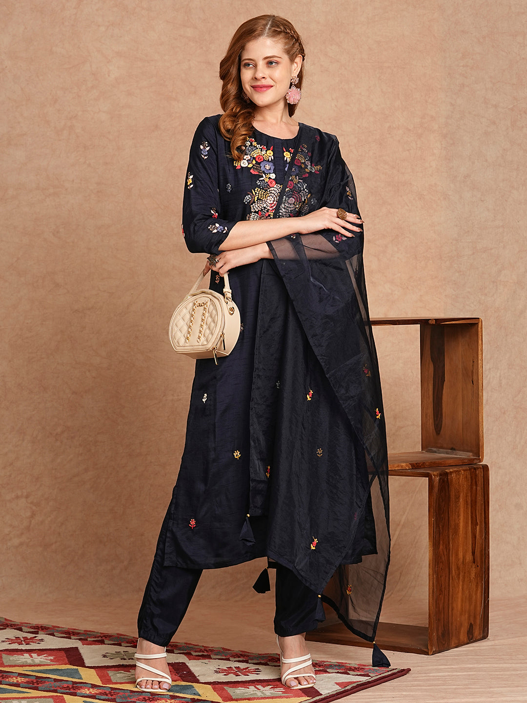 FASHOR Floral Hand Embroidered Straight Kurta with Pant & Dupatta - Navy Blue - view 2
