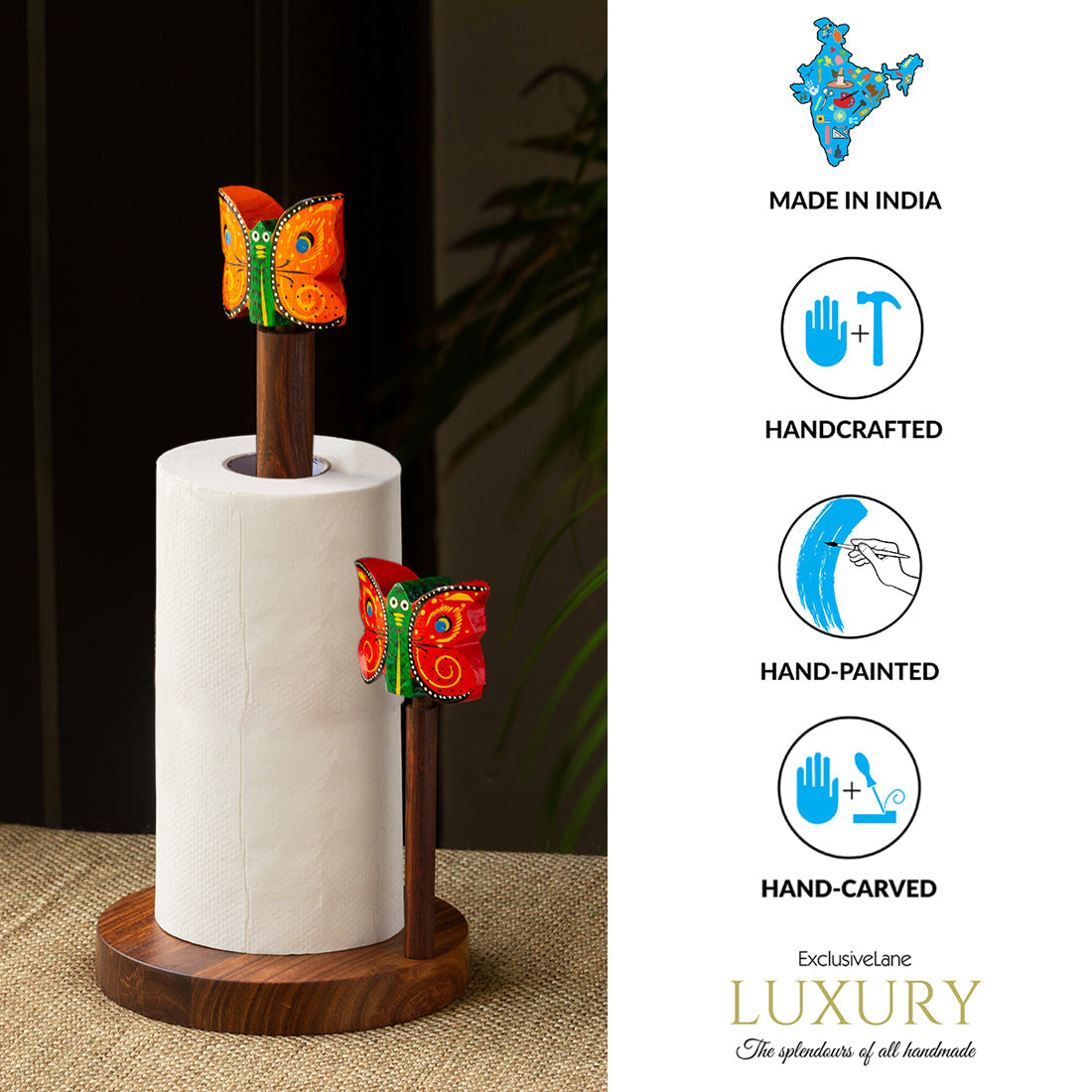 EXCLUSIVELANE Brown - 'Vibrant Flutter' Handcrafted Kitchen Tissue Roll Holder In Sheesham Wood - view 5