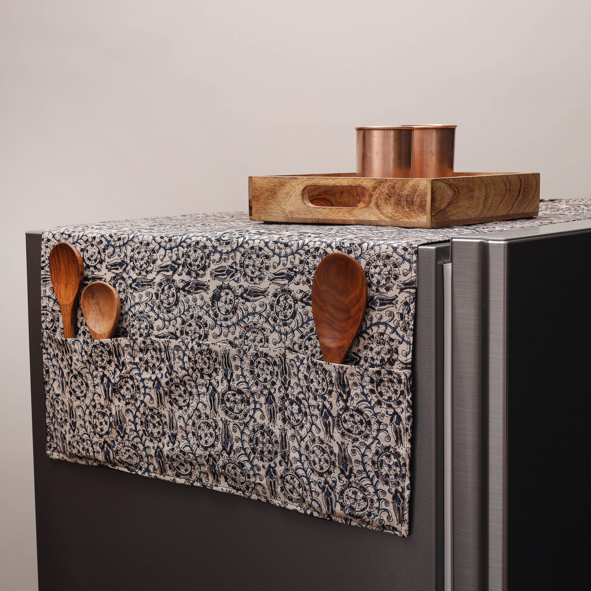 JALPARI Beige - Kalamkari Block Printed Fridge Cover with Handle Cover 03