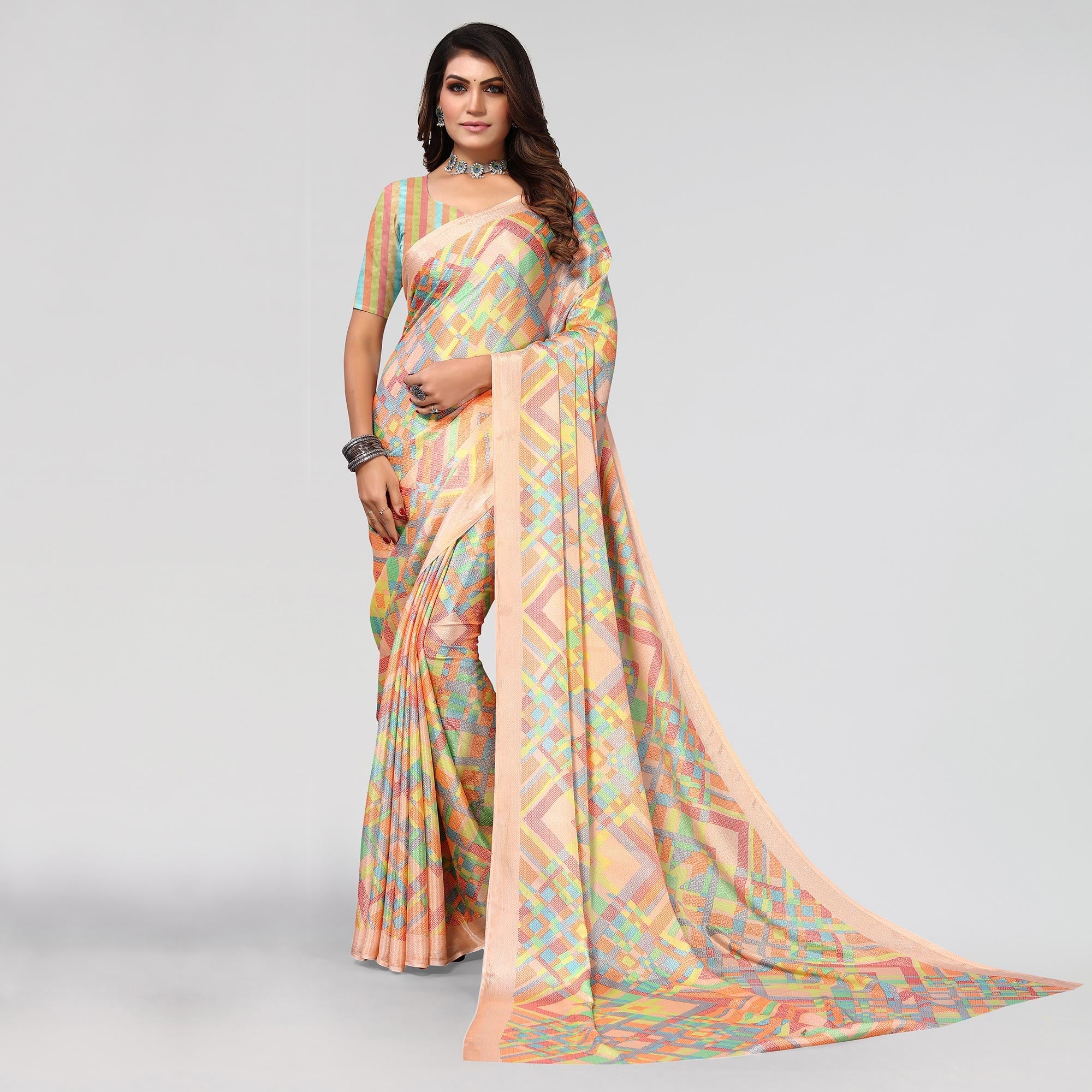 Peachmode Light Orange Geometric Printed Chiffon Saree