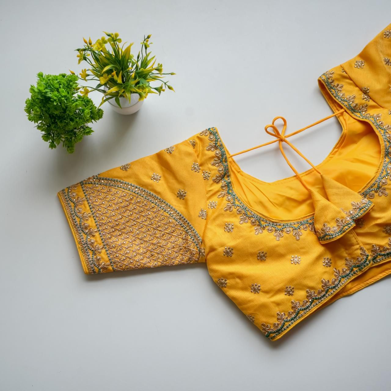 ClothsVilla Yellow Mulmul Silk Blouse with Golden Embroidery and Sequins