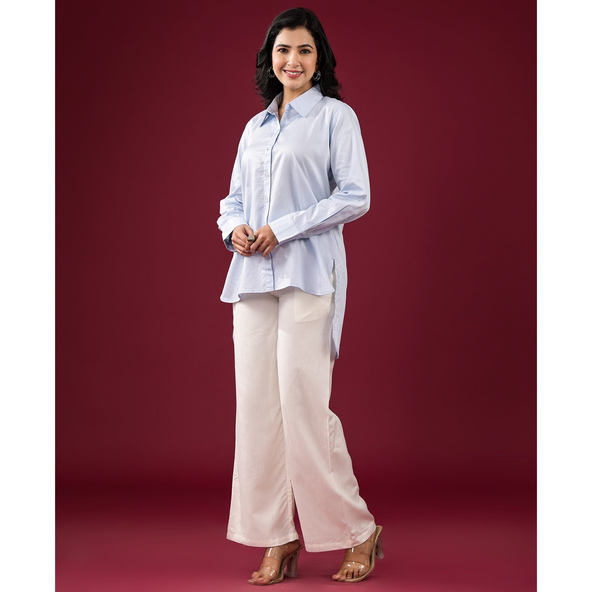 Peachmode Light Blue Solid Satin High-Low Shirt - view 5