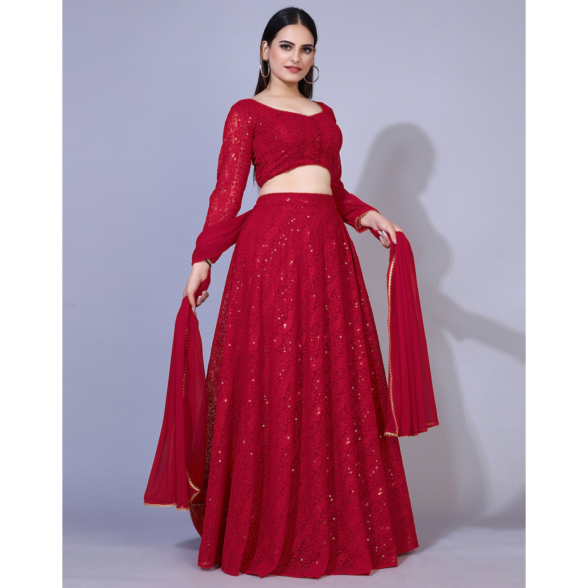 Peachmode Seller Dark Red Lucknowi Chikankari Work Georgette Lehenga Choli - view 4