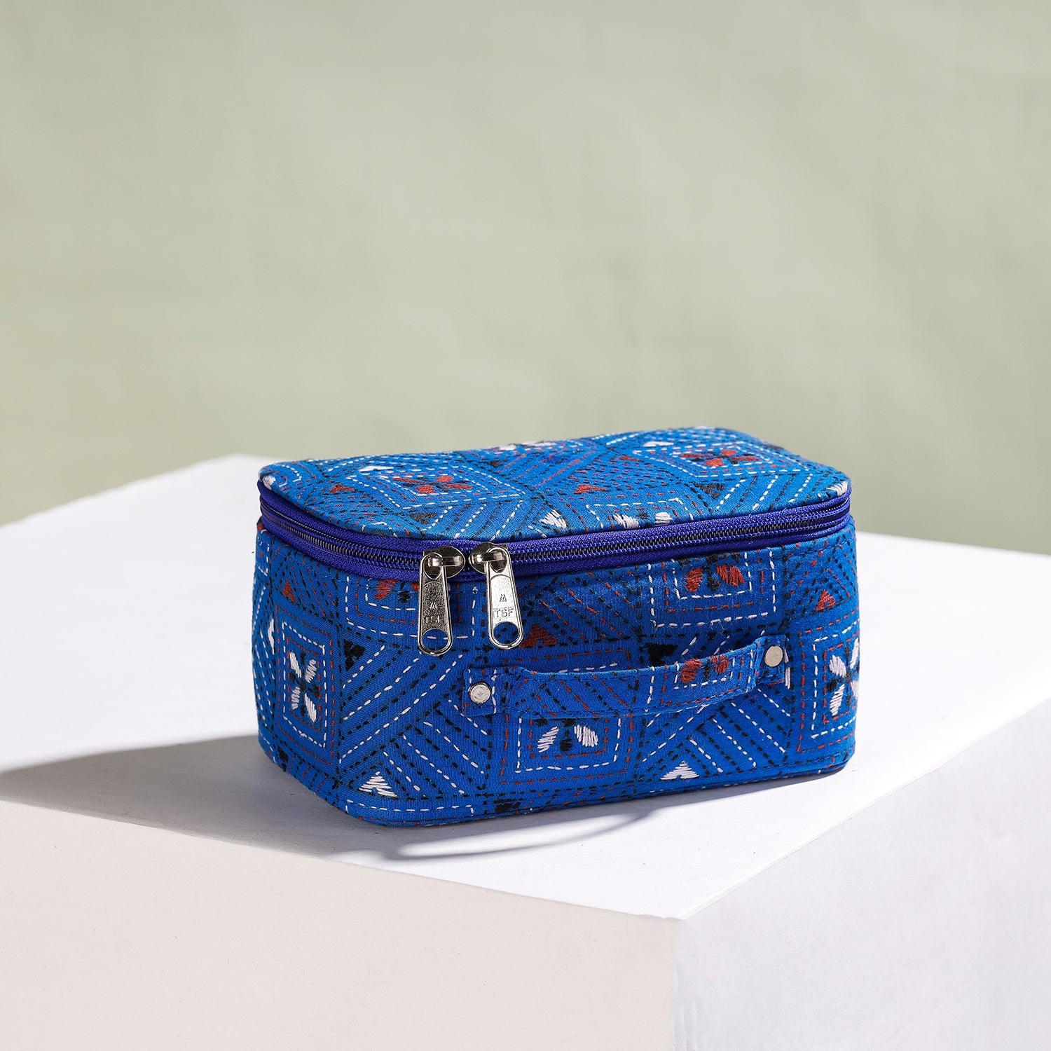 ASALKAAR Blue - Bengal Kantha Work Handcrafted Jewelry Box with Mirror