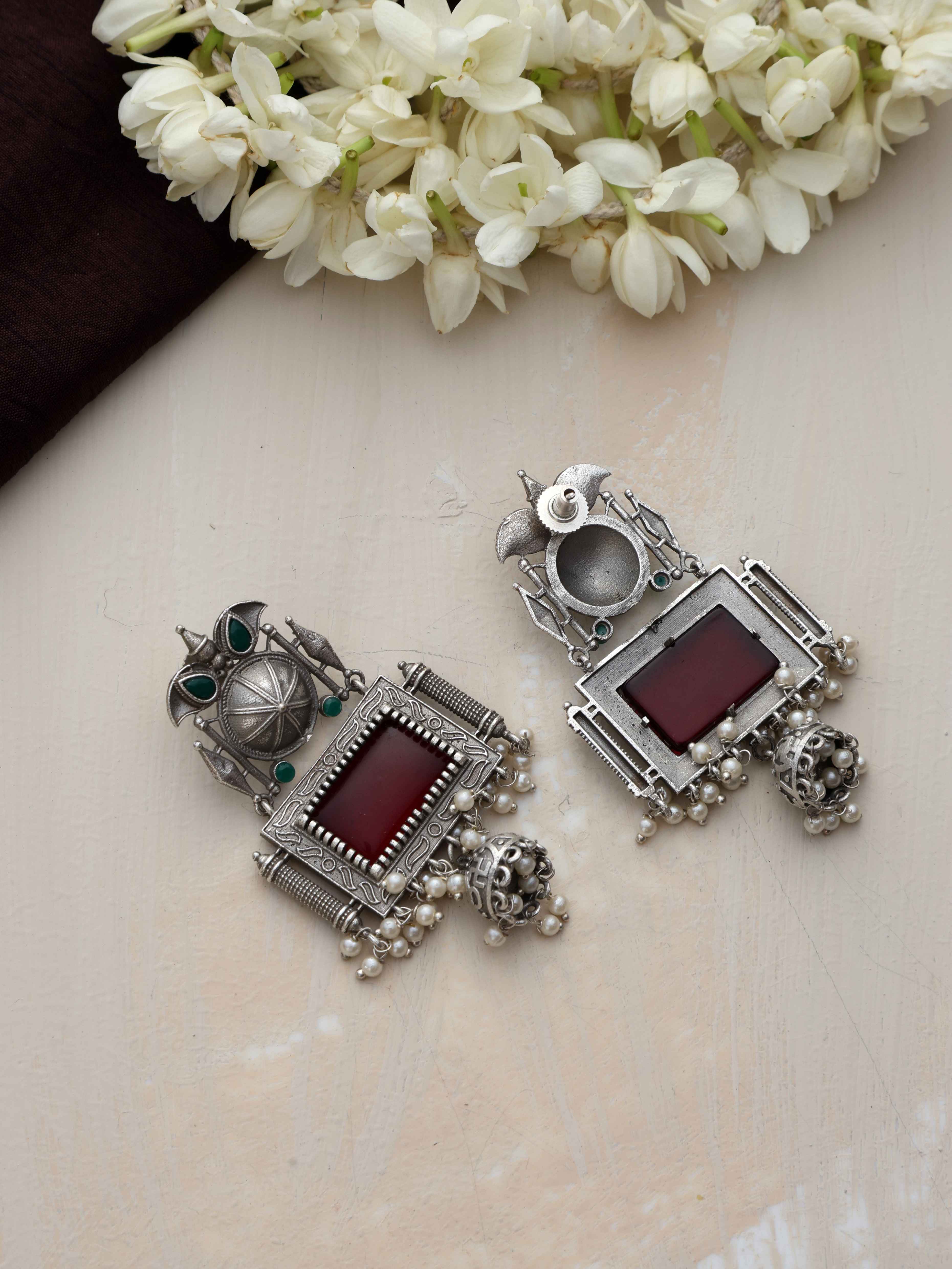 trueBrowns Silver Tone Red Stone Dangle Earrings - view 5