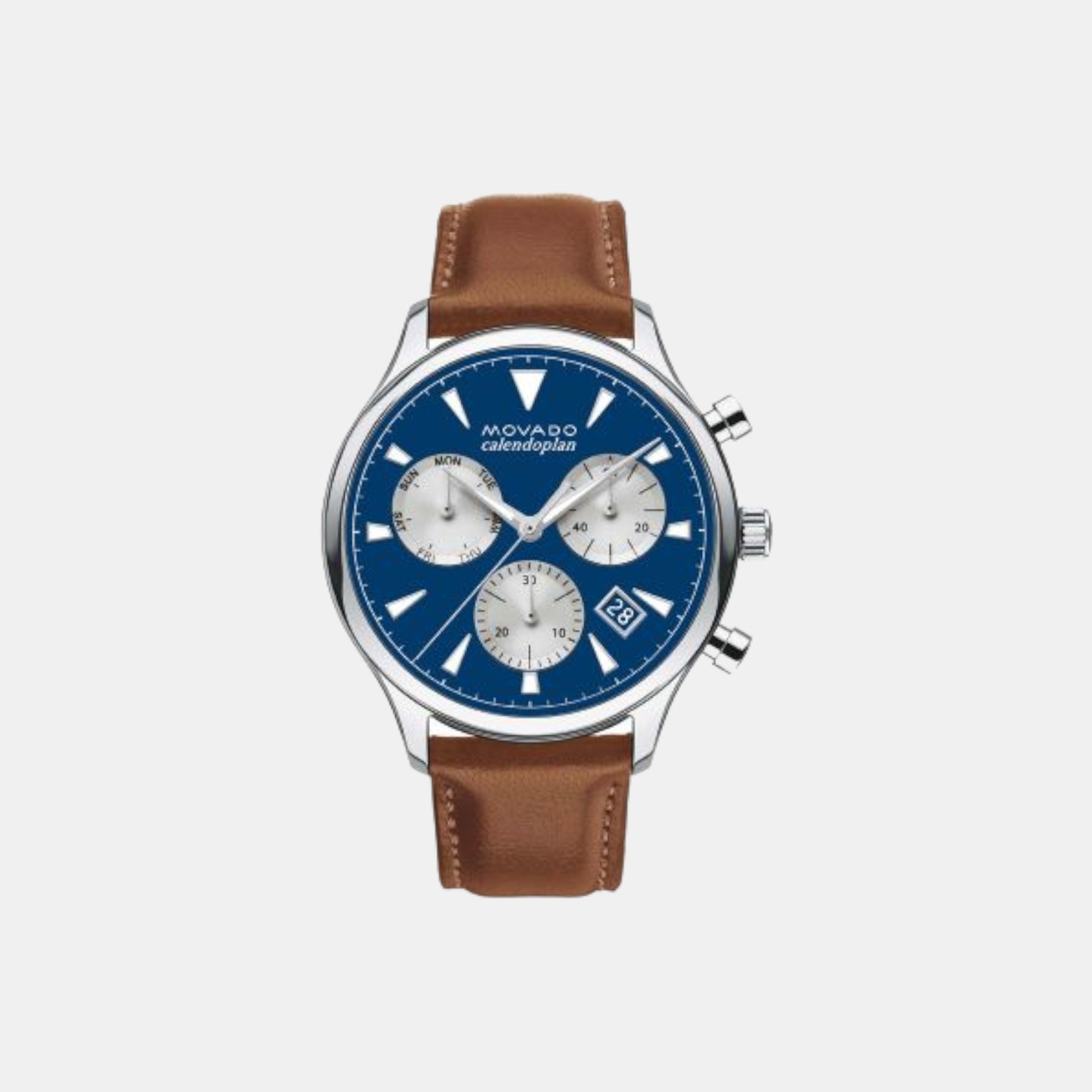 Movado Calendoplan S Heritage Men Quartz Blue Dial Chronograph Leather Watch 3650113