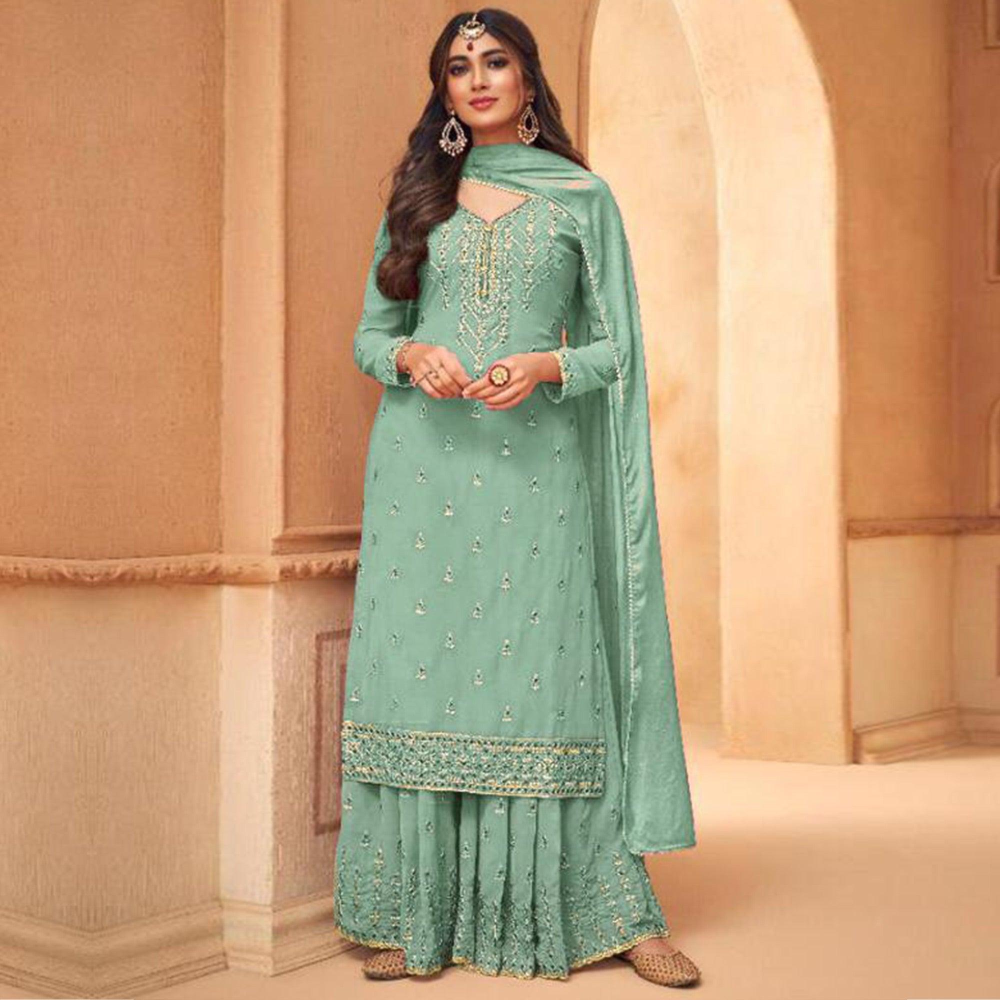 Peachmode Light Cyan Partywear Designer Embroidery Heavy Faux Georgette Salwar suit
